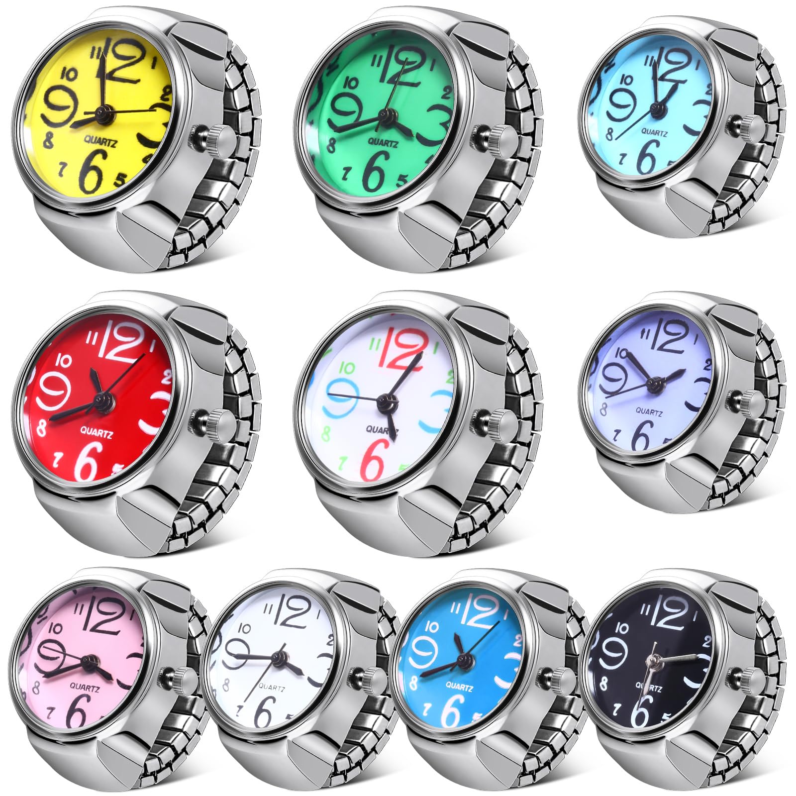 Landical 10 Pcs Finger Watches Set Adjustable Ring Watch for Women and Men Creative Elastic Round Quartz Finger Ring Watches (Fresh Color)