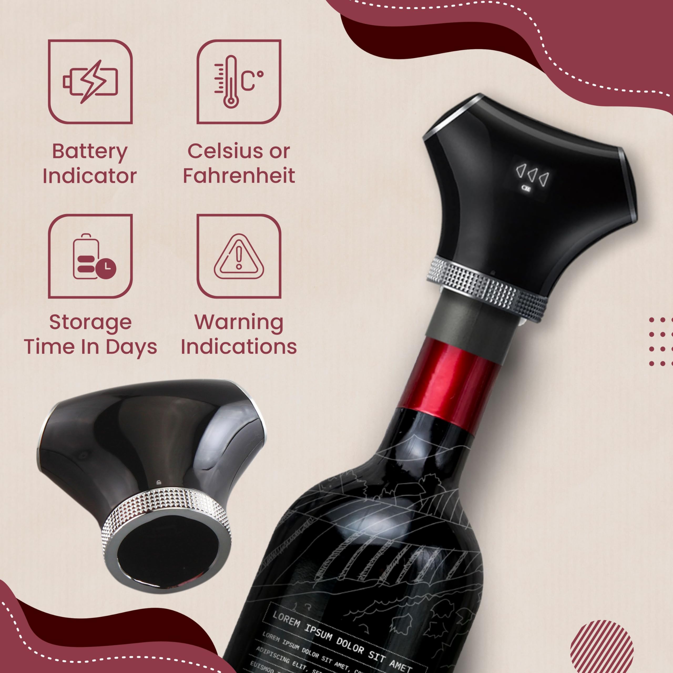 Smart Rechargeable Wine Bottle Stopper and Preserver with 2 Plugs, Keep Wine Fresh up to 3 weeks, Automatic Vacuum Pump with Food-Grade Silicone, Wine Preserver Stopper, Ideal Gift for Wine Lovers