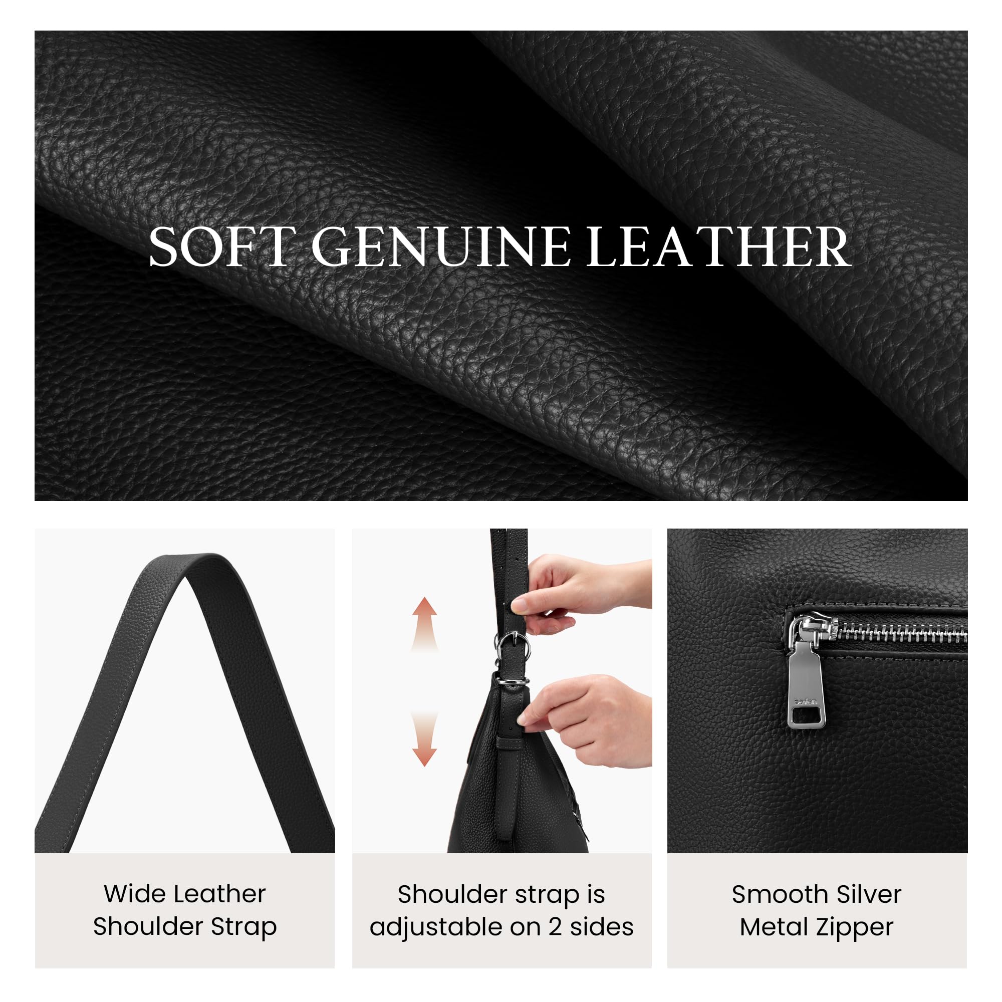 befen Black Genuine Leather Hobo Bags Purse for Women, Womens Crossbody Bag Leather Purses Shoulder Handbags with Adjustable Shoulder Strap