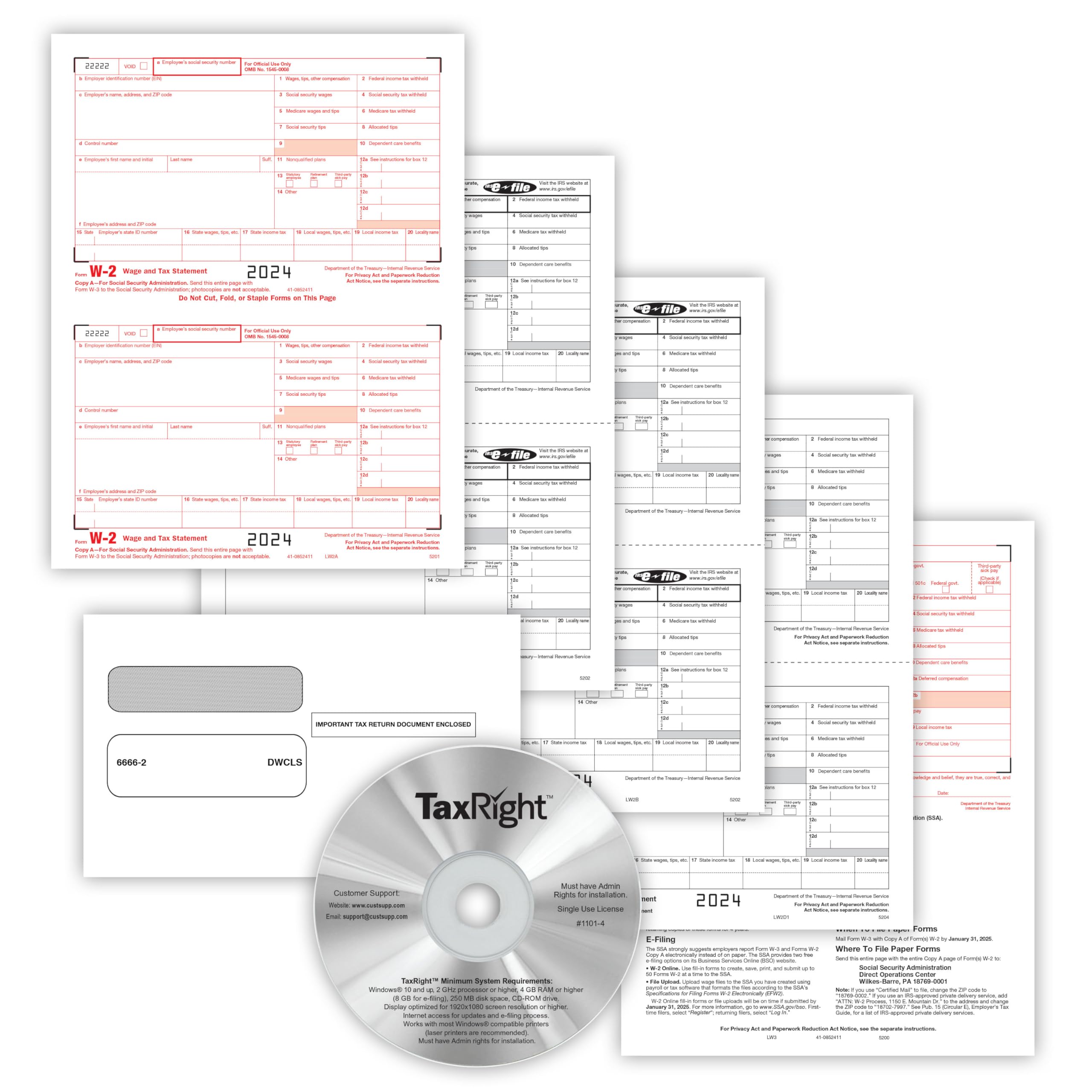 ComplyRight 2024 TaxRight W-2 Tax Kit (6-Part) | 10 Employees |Self-Seal Envelopes | Software