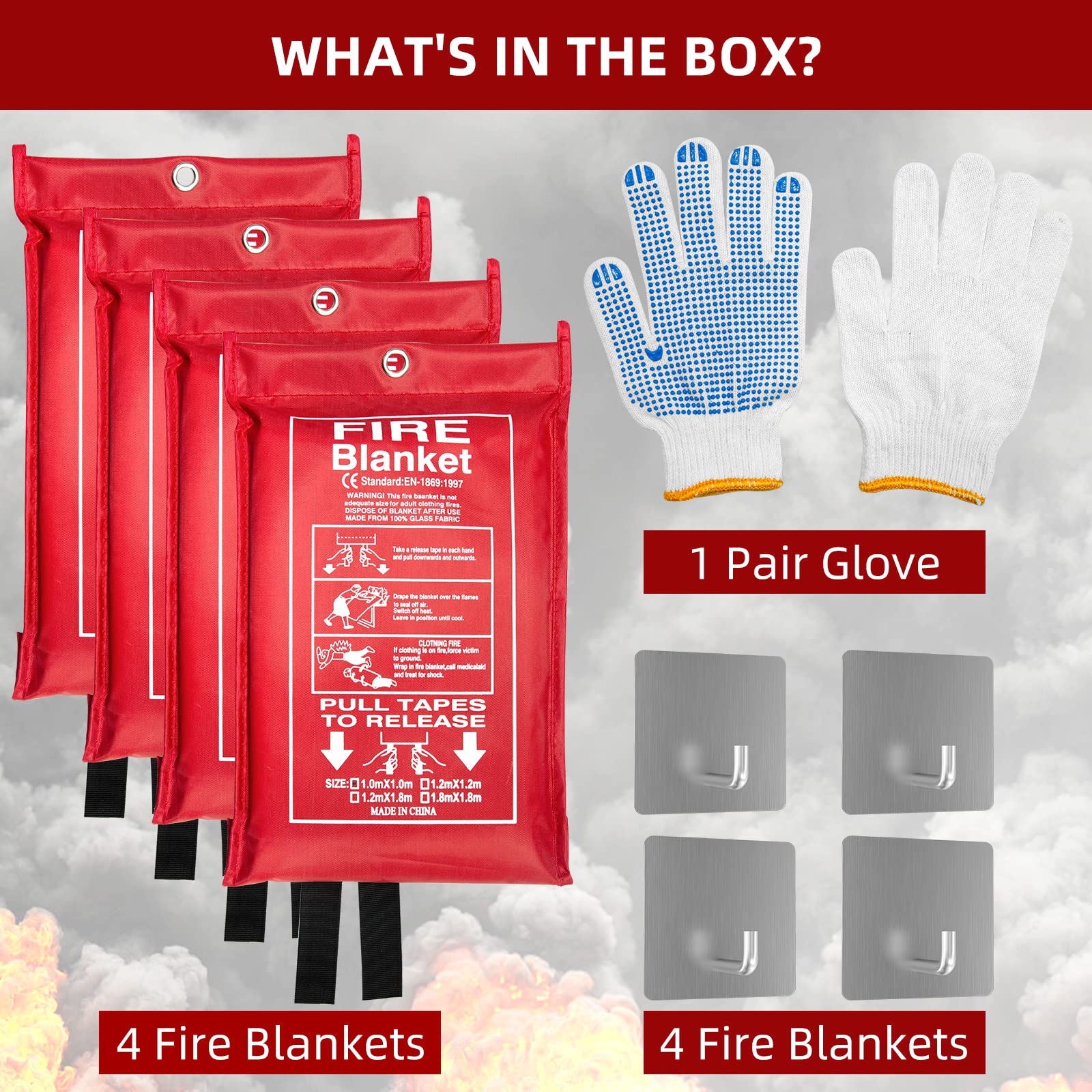 Emergency Fire Blanket (4 Pack, 40 in X 40 in) + 4 Hooks &1 Gloves, Fiberglass Fireproof Fire Blanket for Home and Kitchen, Camping, Grill, Car, Warehouse