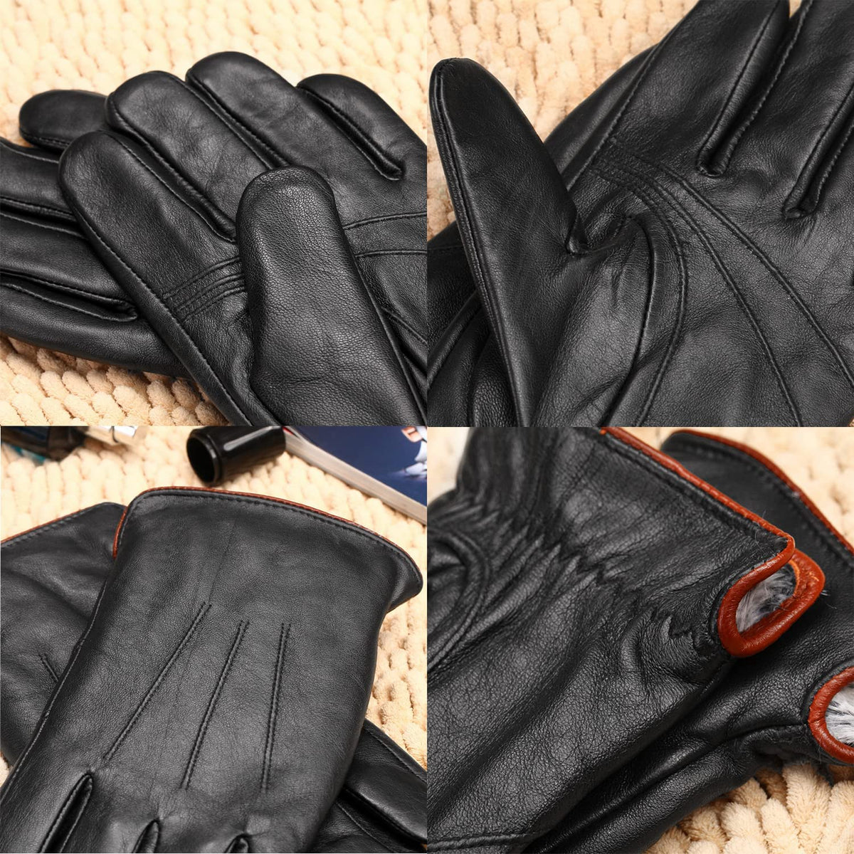 MaxW Sheepskin Leather Gloves for Men, Winter Warm Touchscreen Gloves, Black Leather Gloves for Driving Motorcycle, Size M