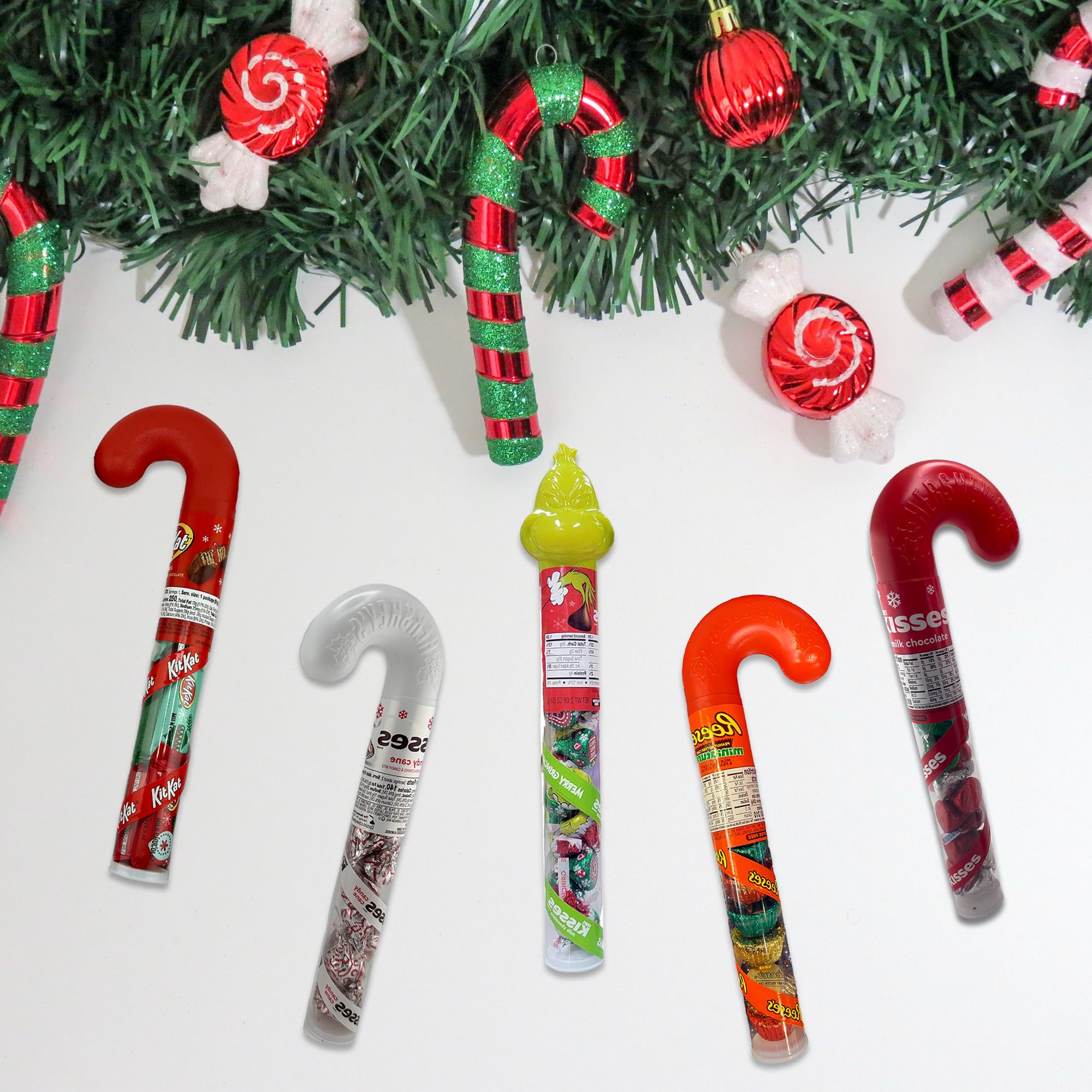 Hershey's Stocking Stuffer Candy Cane Tube Variety 5 Pack- Hershey Kisses Christmas Candy Cane, Grinch Hershey Kisses, Candy Cane Kisses, Kit Kat, and Reese's Christmas Candy Stocking Stuffer