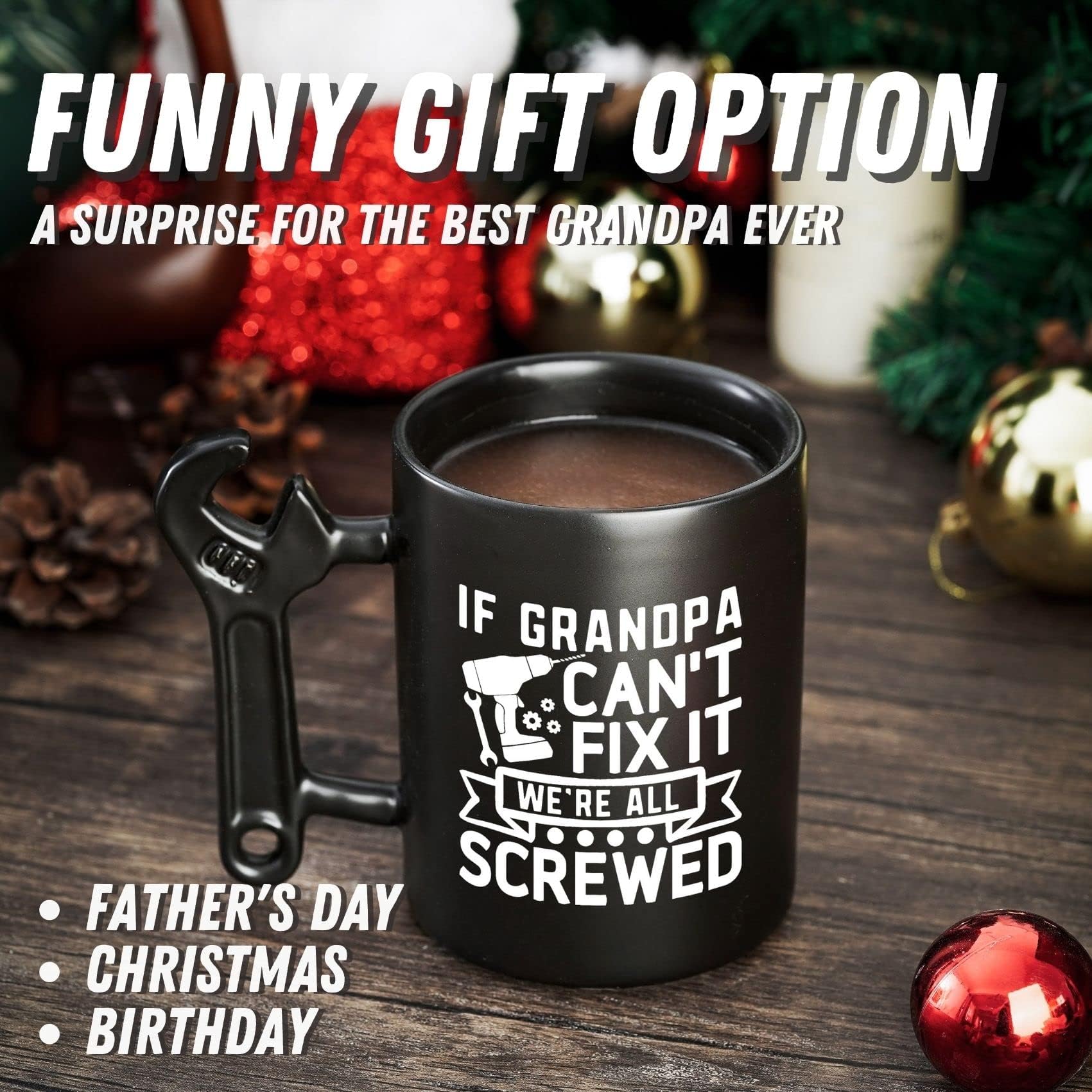 Onebttl Grandpa Gifts Wrench Coffee Mug, Grandfather Gift from Granddaughter and Grandson, 13.5oz/400ml Funny Ceramic Mug for Christmas, Father's Day - Grandpa Can Fix