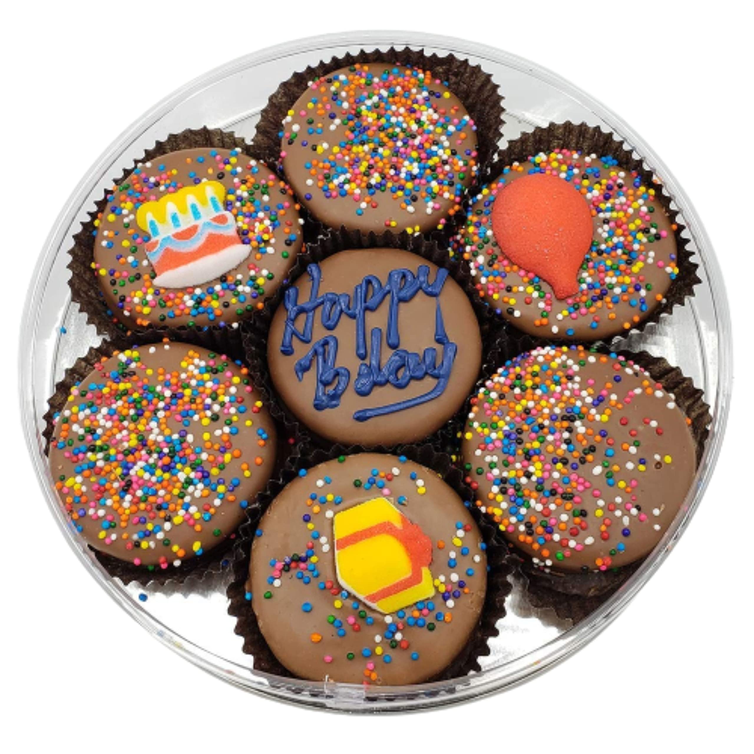 Happy Birthday Milk Chocolate Covered Sandwich Cookies, Custom 7 Pc. Blue Gift Basket, Fresh Hand Decorated Assortment, Sweet Multi-Layered Sandwich Treats for Kids and Adults