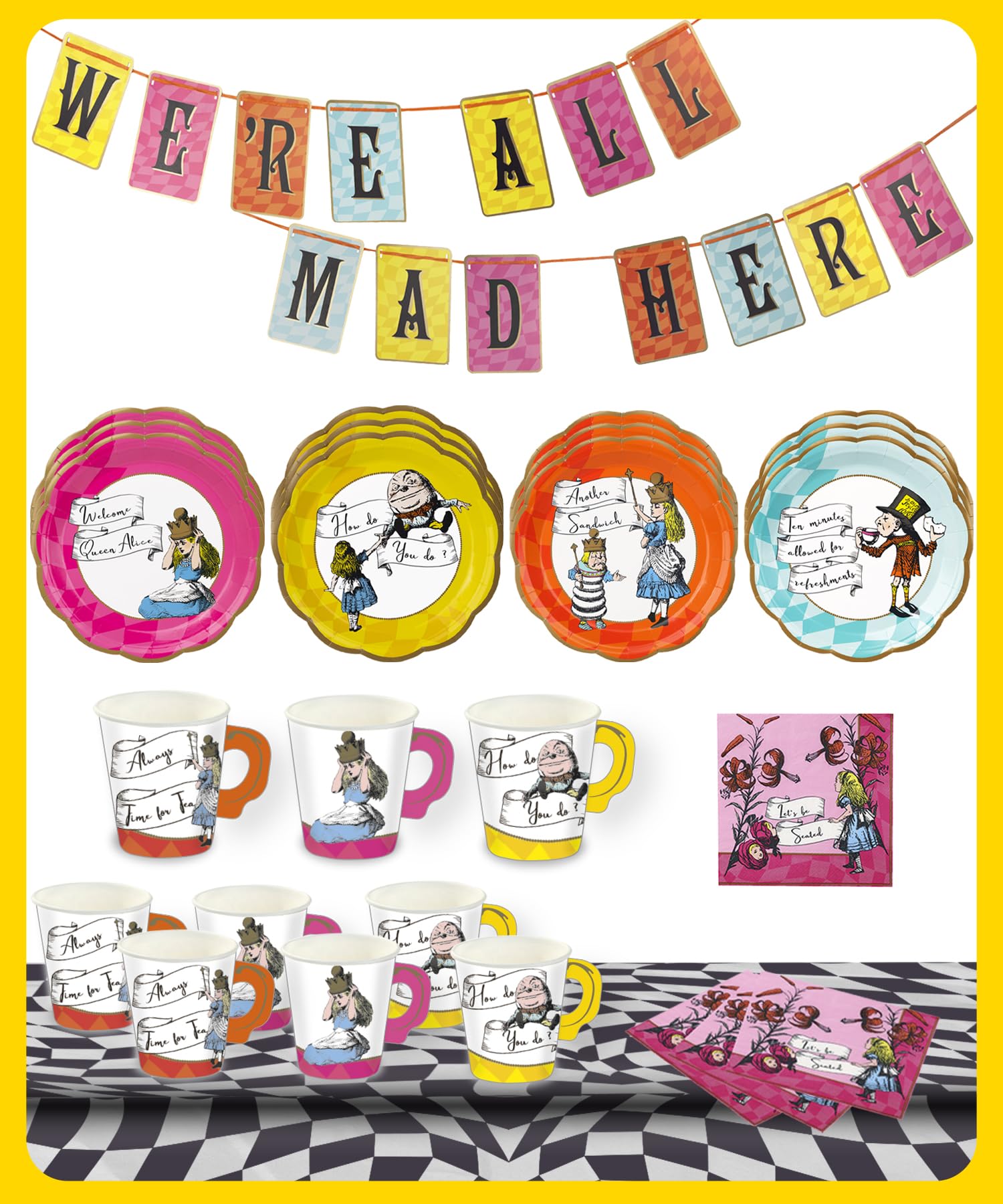 Talking Tables | Alice in Wonderland Party Decorations for 16 Guests | Mad Hatter Onderland 1st First Birthday Afternoon Tea Party Supplies Reversible Bunting Paper Plates Napkins Cups Table Cover