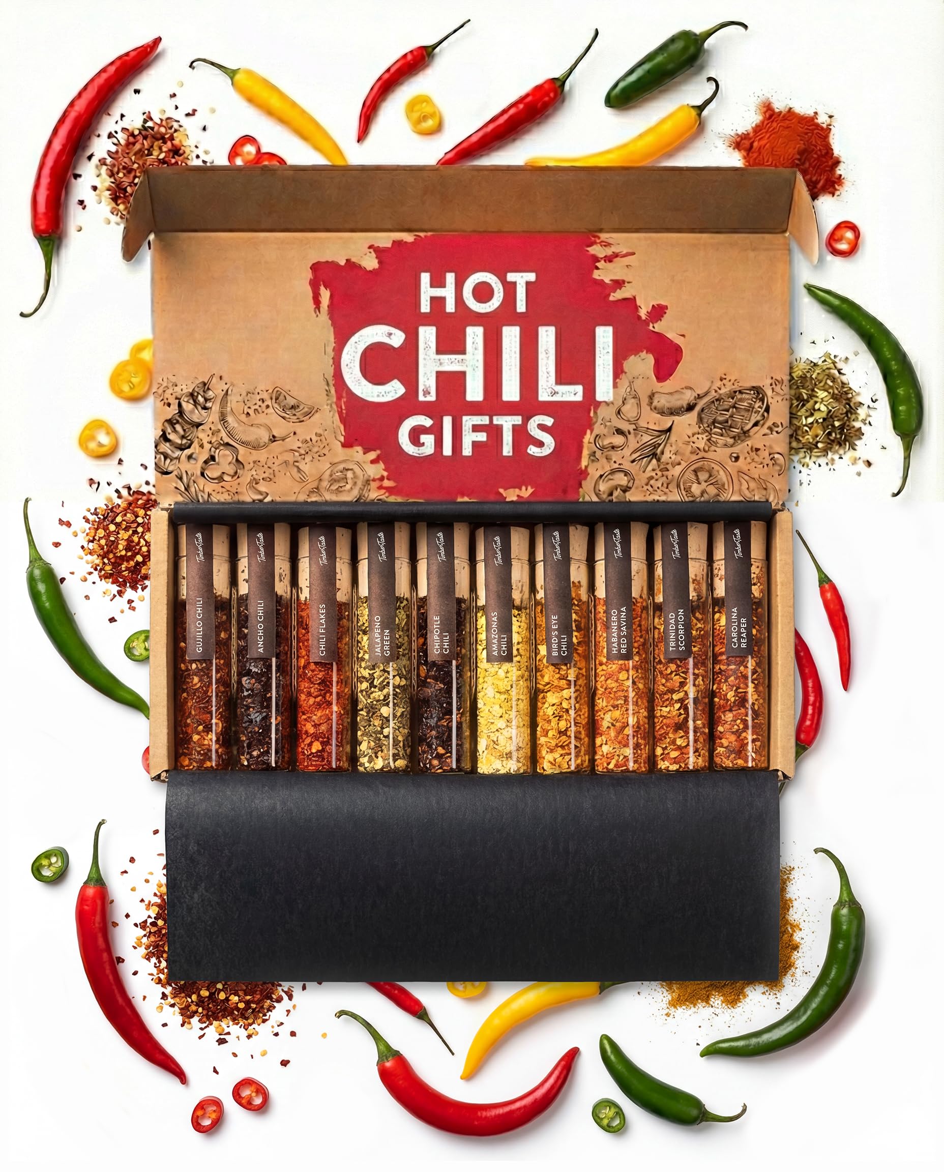 TIMBER TASTE® Hot Chili Gift Set for Men [UP TO 1,200,000 SCOVILLE] - 10 Exotic Pepper Varieties | Spicy Seasoning Gift Set | Spice Set for Him | Hot Spice Collection | Gourmet Food Gifts for Adults