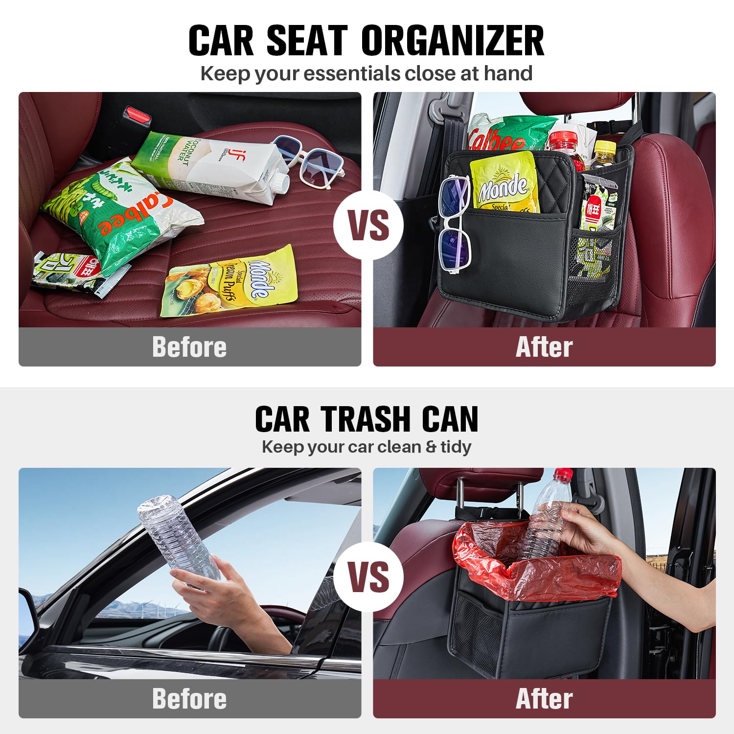 LXUNYI Car Organizer Back Seat, Waterproof Pu Leather Car Seat Storage Bag Foldable Universal Hanging Seatback Organizer for Kids & Adults Travel road Trip Essentials