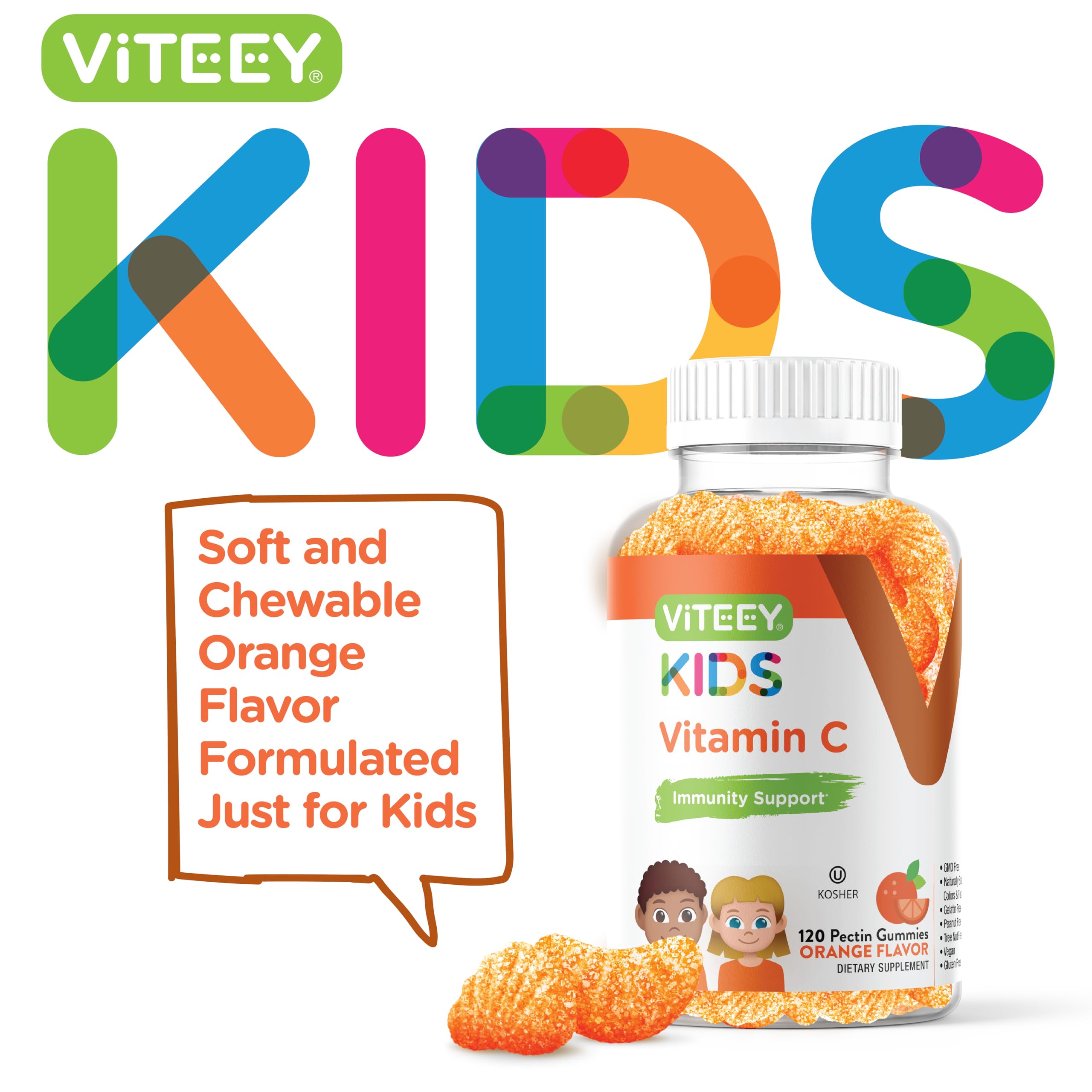 Kids Vitamin C Gummies - Immune Support for Kids, Toddlers, & Teens - Vegan, Gelatin Free, Gluten Free, GMO Free - Tasty Chewable Orange Flavored Kids Immunity Gummy