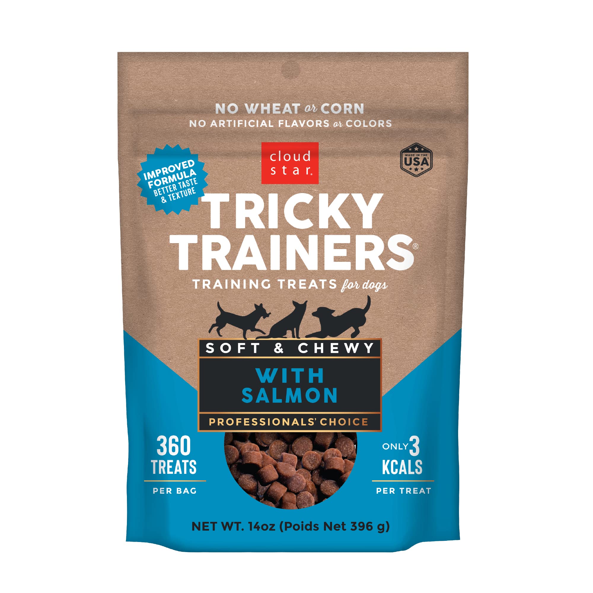 Cloud Star Tricky Trainers Soft & Chewy Dog Training Treats 14 oz Pouch, Salmon Flavor, Low Calorie Behavior Aid with 360 treats