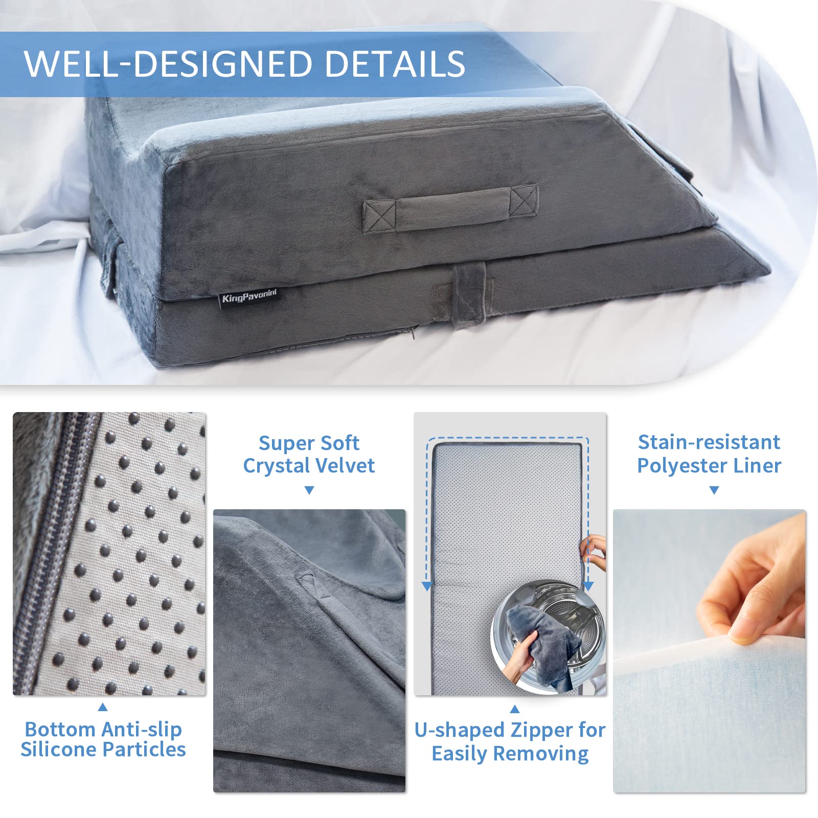 KingPavonini 4-Height Adjustable Leg Elevation Pillows for After Surgery, Injuries, or Rest, Memory Foam Leg Pillows for Sleeping with 3 Handles and Insert Pad, Washable Velvet Cover