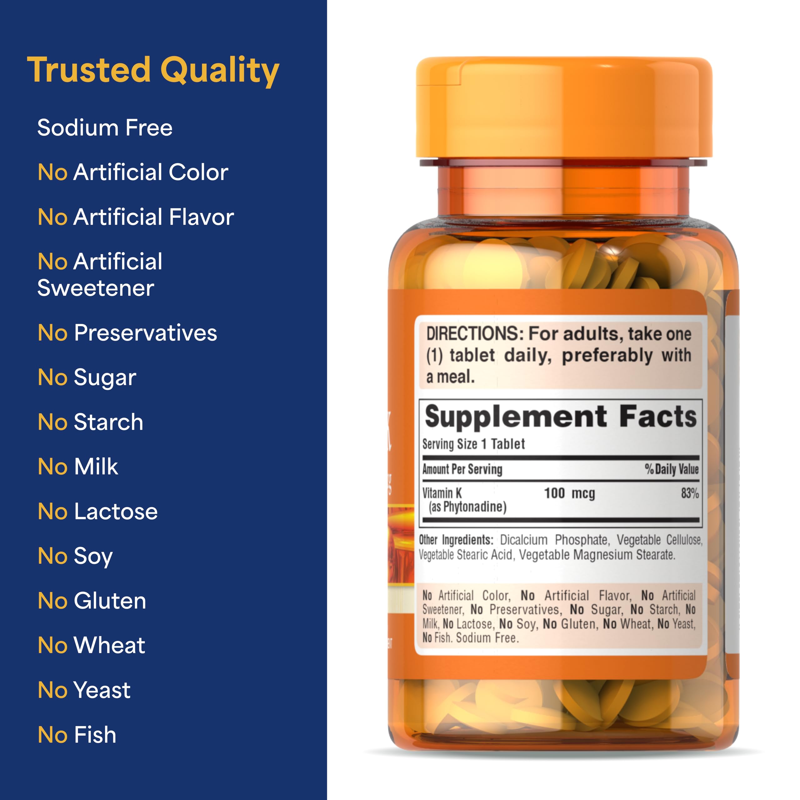 Puritan's Pride Premium Vitamin K 100mcg, Dietary Supplement for Bone, Joint, and Blood Clotting Health Support, 100 Day Supply, 100 Tablets