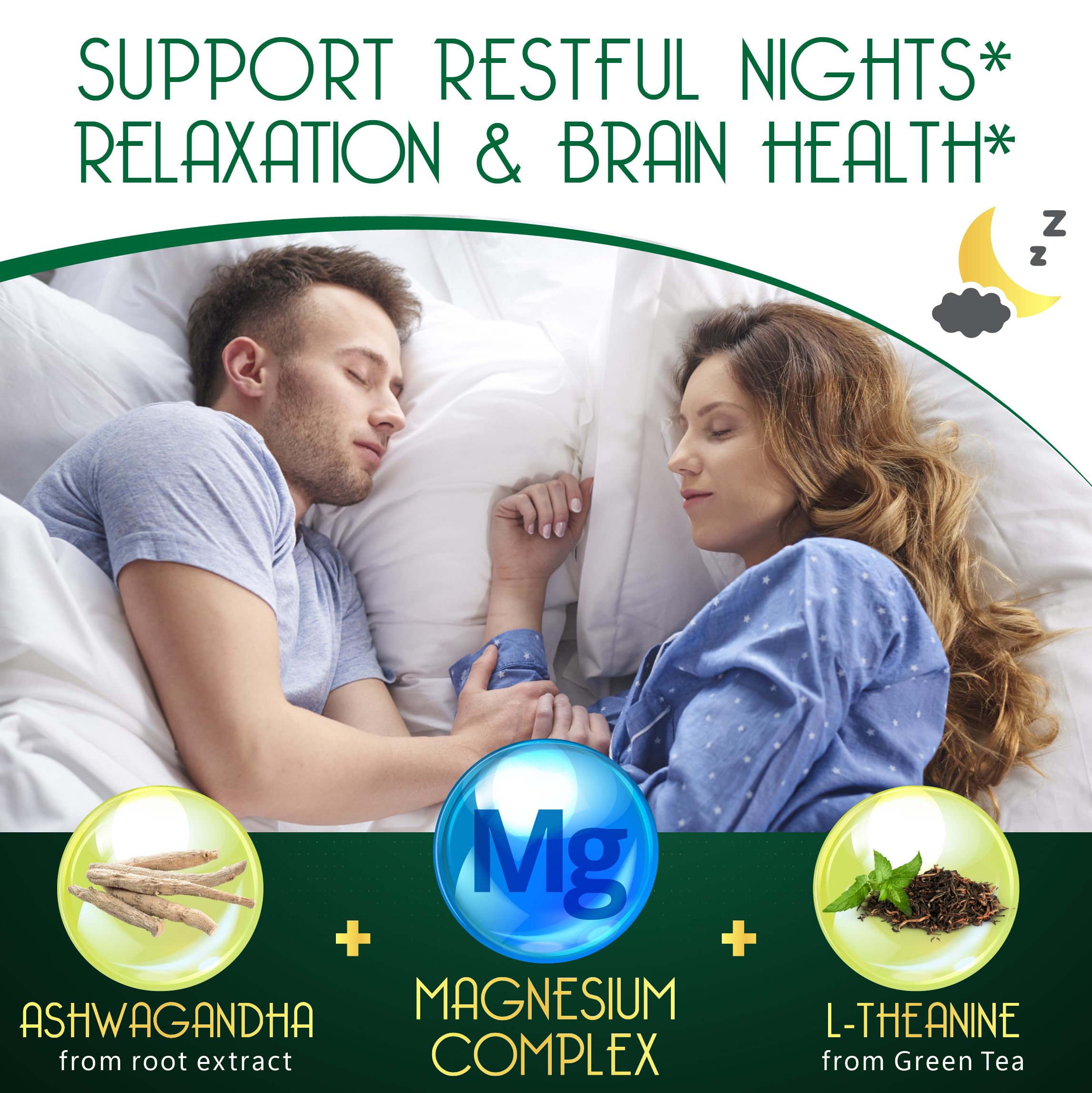 Herbpy Relaxation & Restful Night with Magnesium L-Threonate & Glycinate Supplement, Plus Vitamin D3, Ashwagandha Root & L-Theanine - Brain, Bone & Heart Health Support - 120 Vegan Capsules