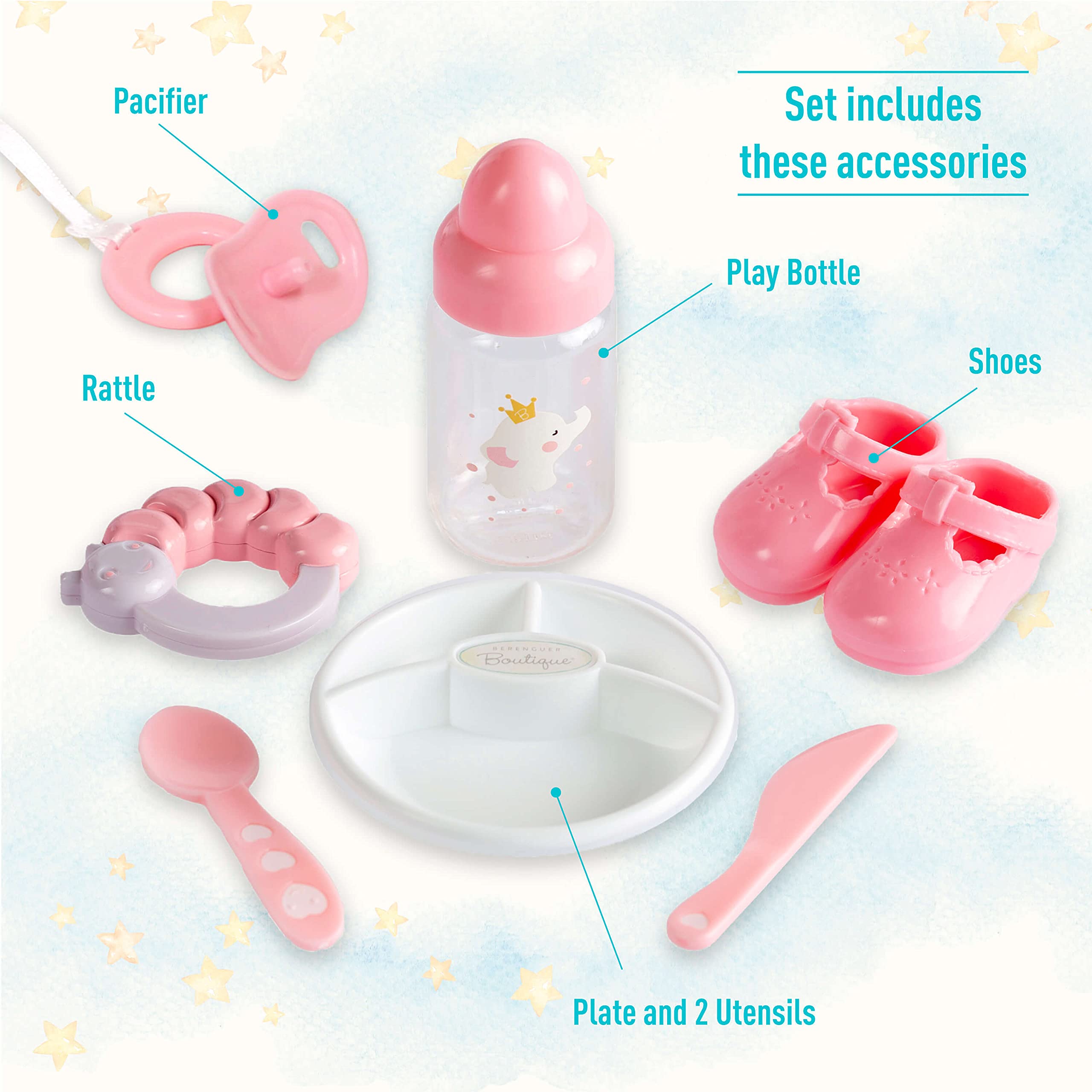 15" Realistic Soft Body Baby Doll with Open/Close Eyes | JC Toys - Berenguer Boutique | 10 Piece Gift Set with Bottle, Rattle, Pacifier & Accessories | Pink | Ages 2+