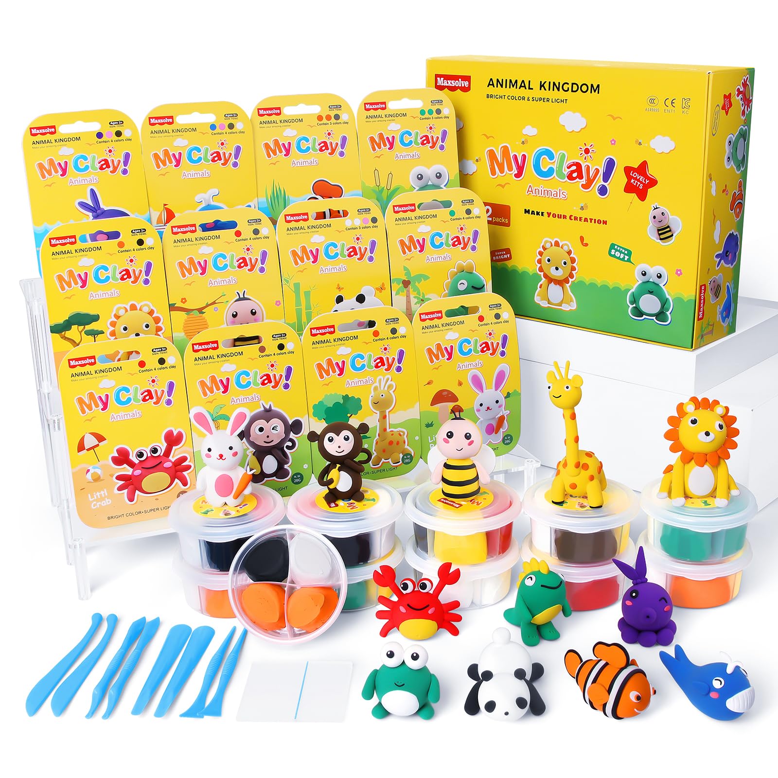 Air Dry Clay for Kids, 12 Animals Modeling Clay Kit with 8 Sculpting Tools and Clear Acrylic Sheet, Soft & Non-Sticky, Safe & Non-Toxic Magic Clays, DIY Arts & Crafts Creative Gift for Boys & Girls