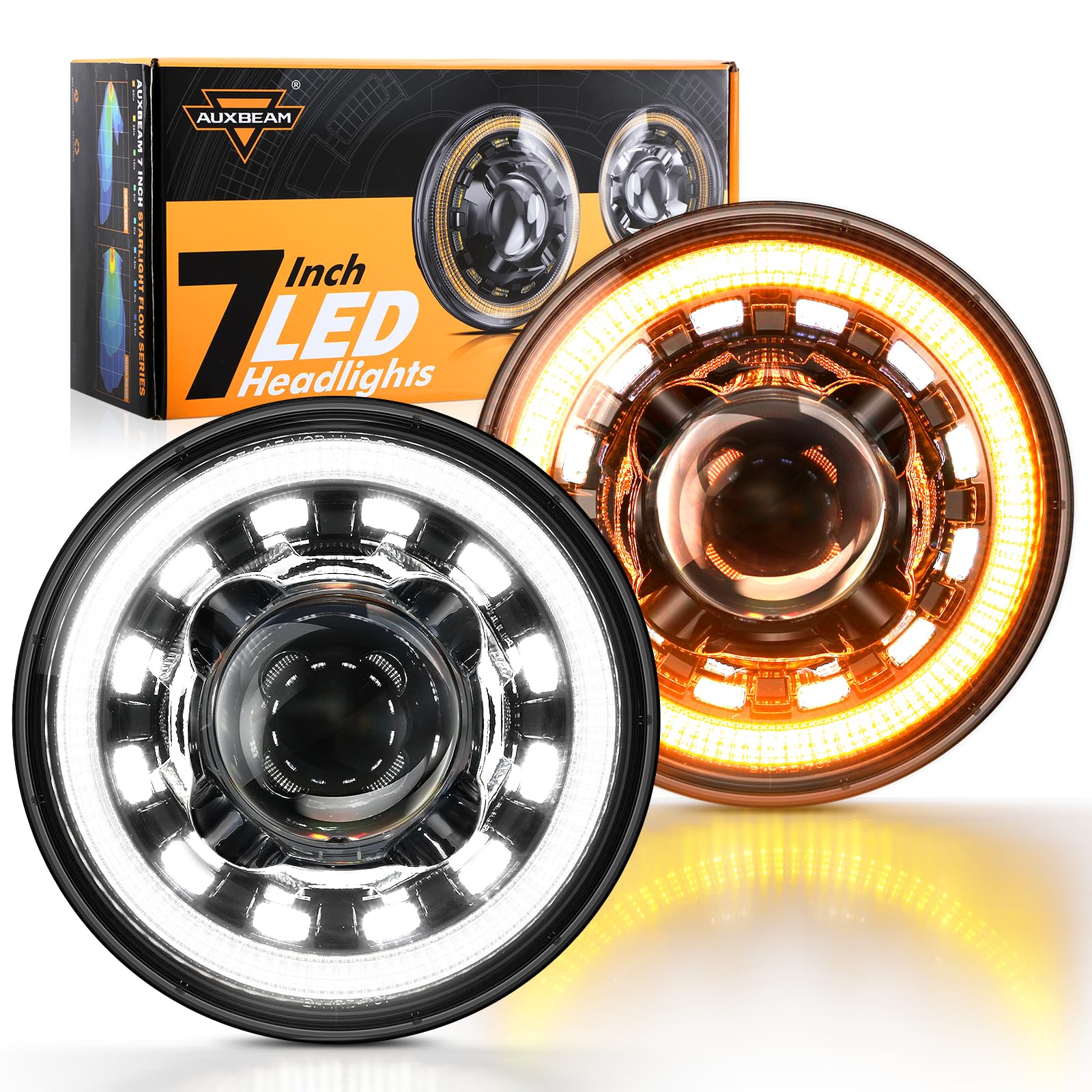 Auxbeam 7'' LED Headlights H6024 with Turn Signal DRL High Low Beam, Round Headlights Compatible with 1997-2017 Jeep Wrangler JK TJ JL Ford, Replacement Headlamps DOT Approved, 2 Years Warranty, Black