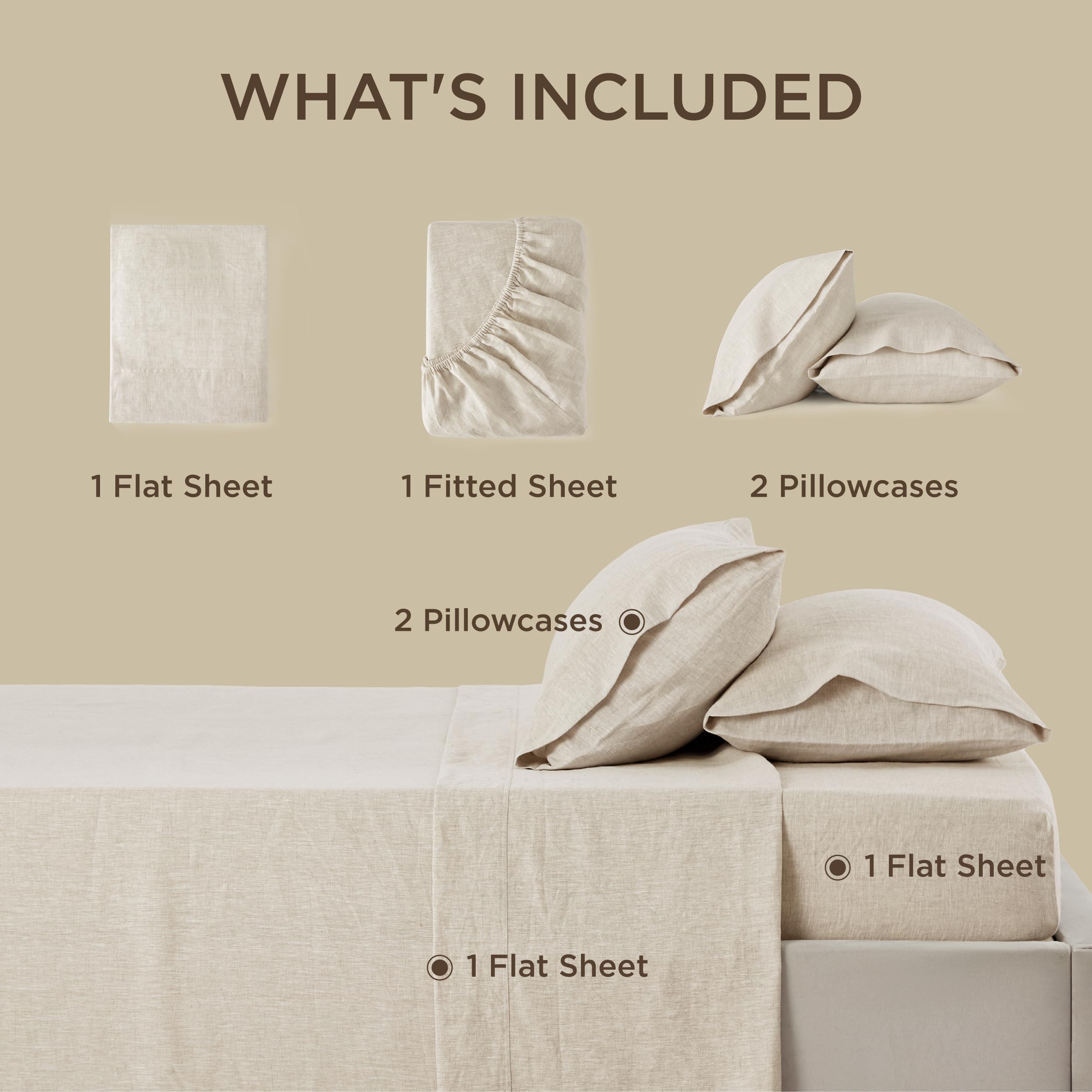 Bedsure Linen Sheets - Linen Bedsheets Queen Size Bed, Blend from Linen Cotton Sheets, Breathable & Soft Cotton Bedsheets, Gifts for All Seasons, 4 Pieces, Tannish Linen