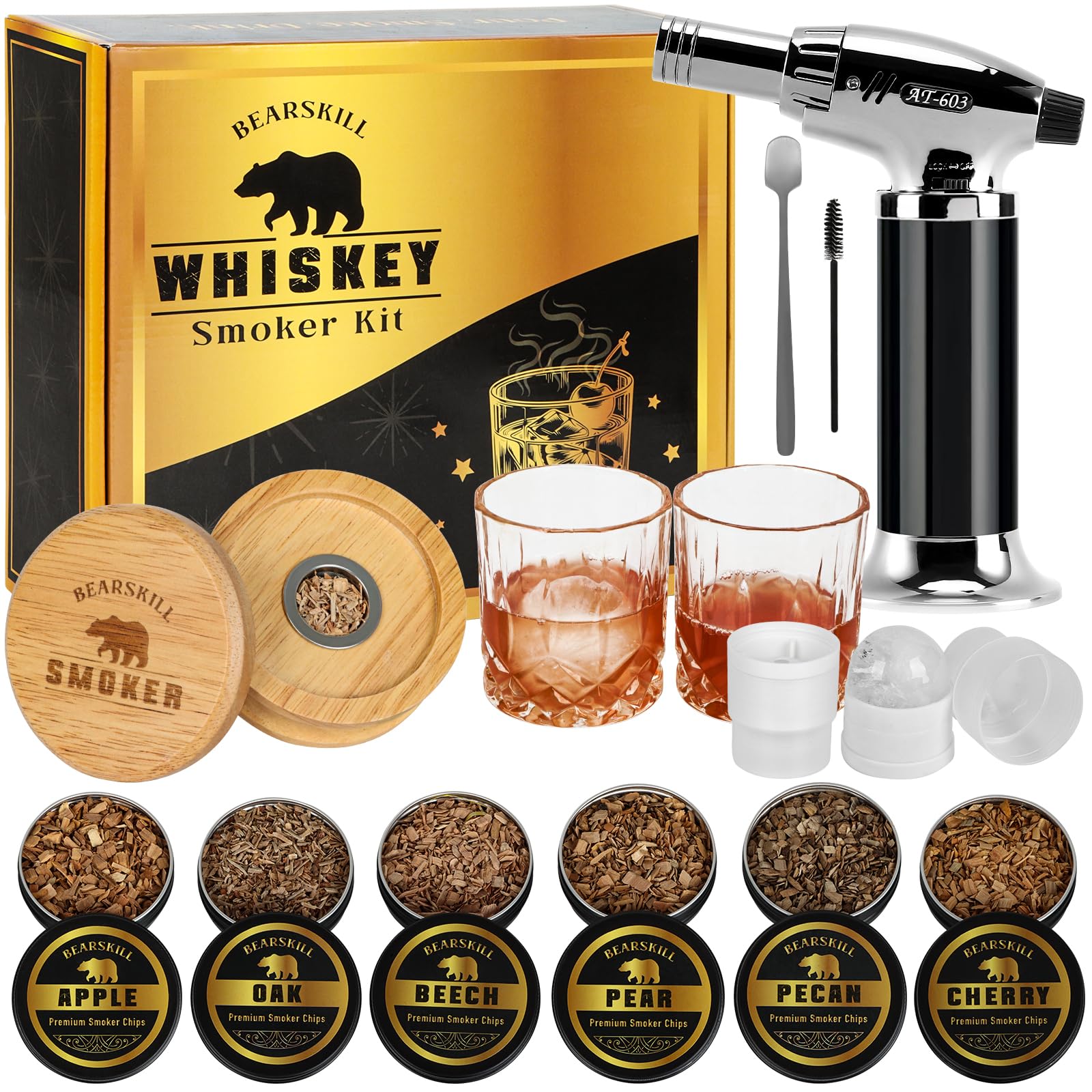 Whiskey Smoker Kit with Torch - 6 Natural Wood Chips Flavors, 2 Glasses, 2 Ice Molds - Cocktail Smoker Infuser Kit, Old Fashioned Smoker Kit, Birthday Bourbon Whiskey Gifts for Men, Dad(No Butane)