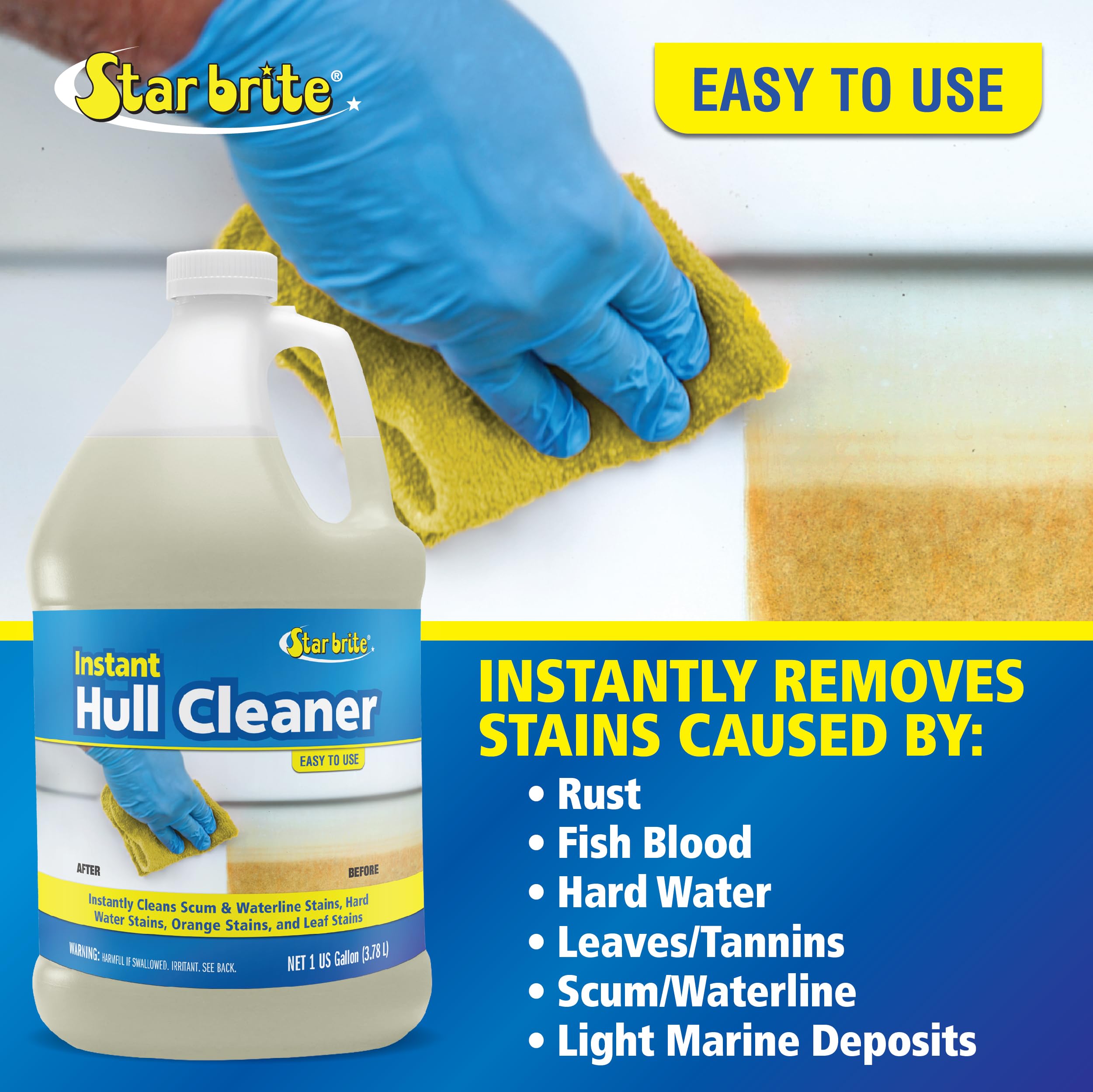 STAR BRITE Instant Hull Cleaner - Easily Remove Stains, Scum Lines & Grime for Boat Hulls, Fiberglass, Plastic & Painted Surfaces - Wipe On, Rinse Off Formula - 128 Ounce Gallon (081700)