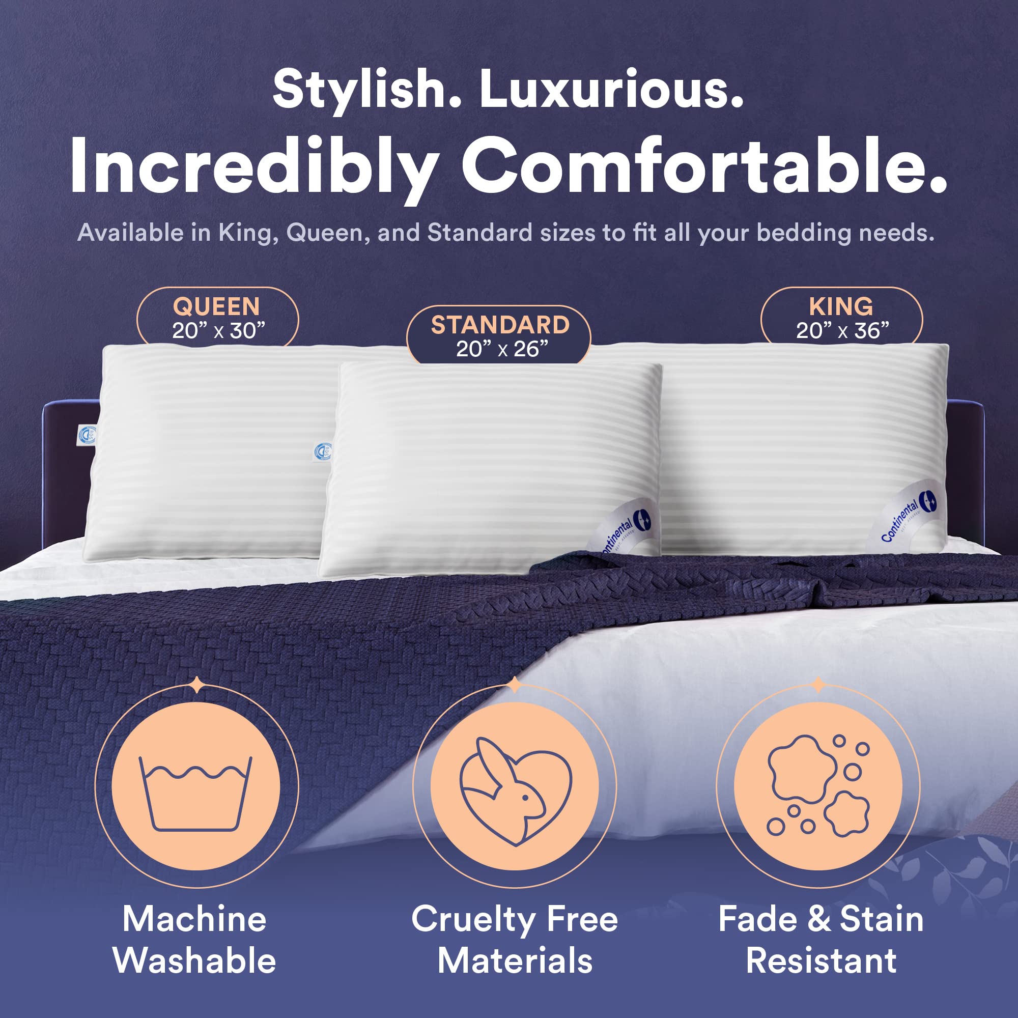 Continental Bedding | Serenity Goose Down Pillow | 700 Fill Power Hungarian White Down | 400TC Cotton Damask Shell | Made in USA | Medium, Queen (Pack of 2), 2 Count