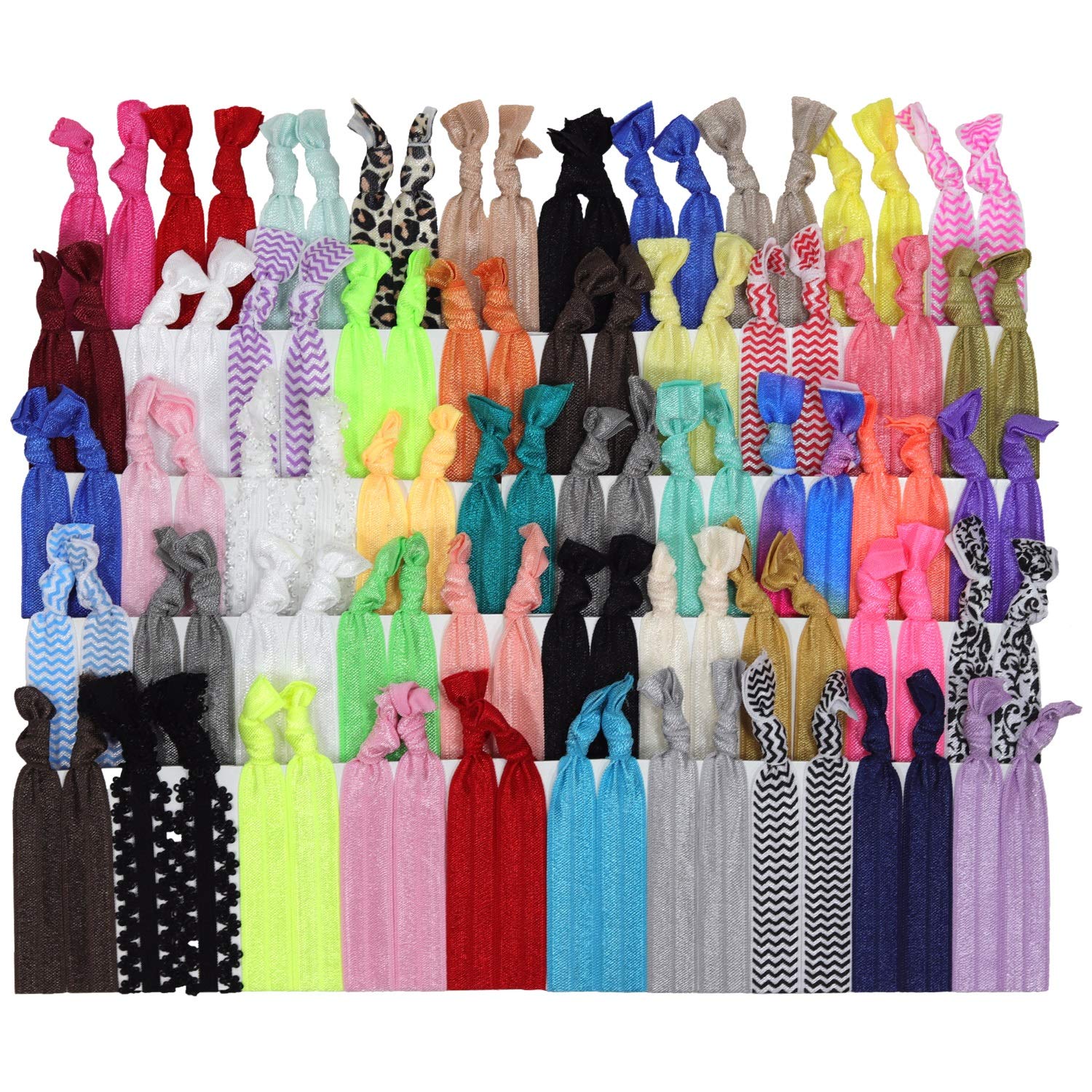 Kenz Laurenz 100 Hair Ties No Crease Ribbon Elastics Ouchless Ponytail Holders Hair Bands (100 Hair Ties-Prints and Solids)