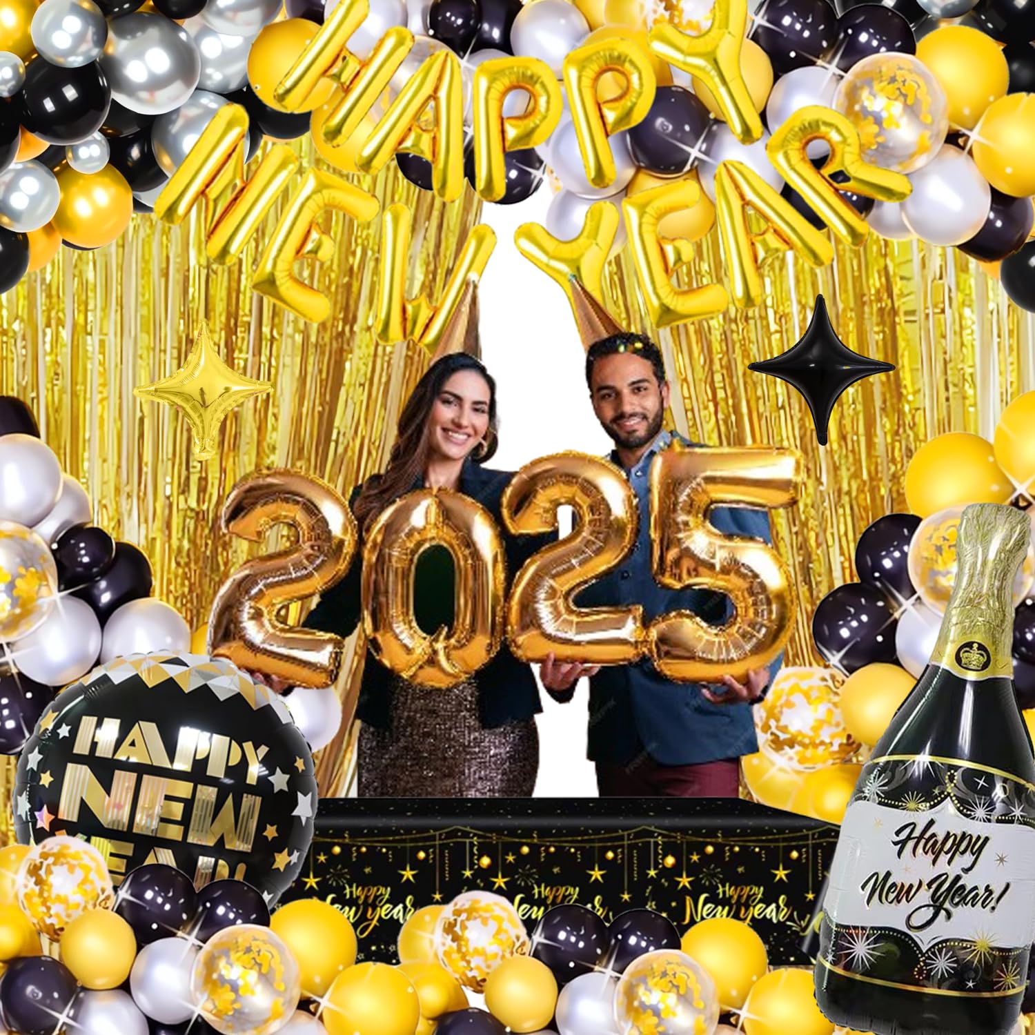 New Years Eve Party Supplies 2025, Happy New Year Decorations 2025 Balloons Party Set, New Years Decorations Supplies with 2025 Balloons, Happy New Year Banner, Fringe Curtains for NYE Carnival Decor