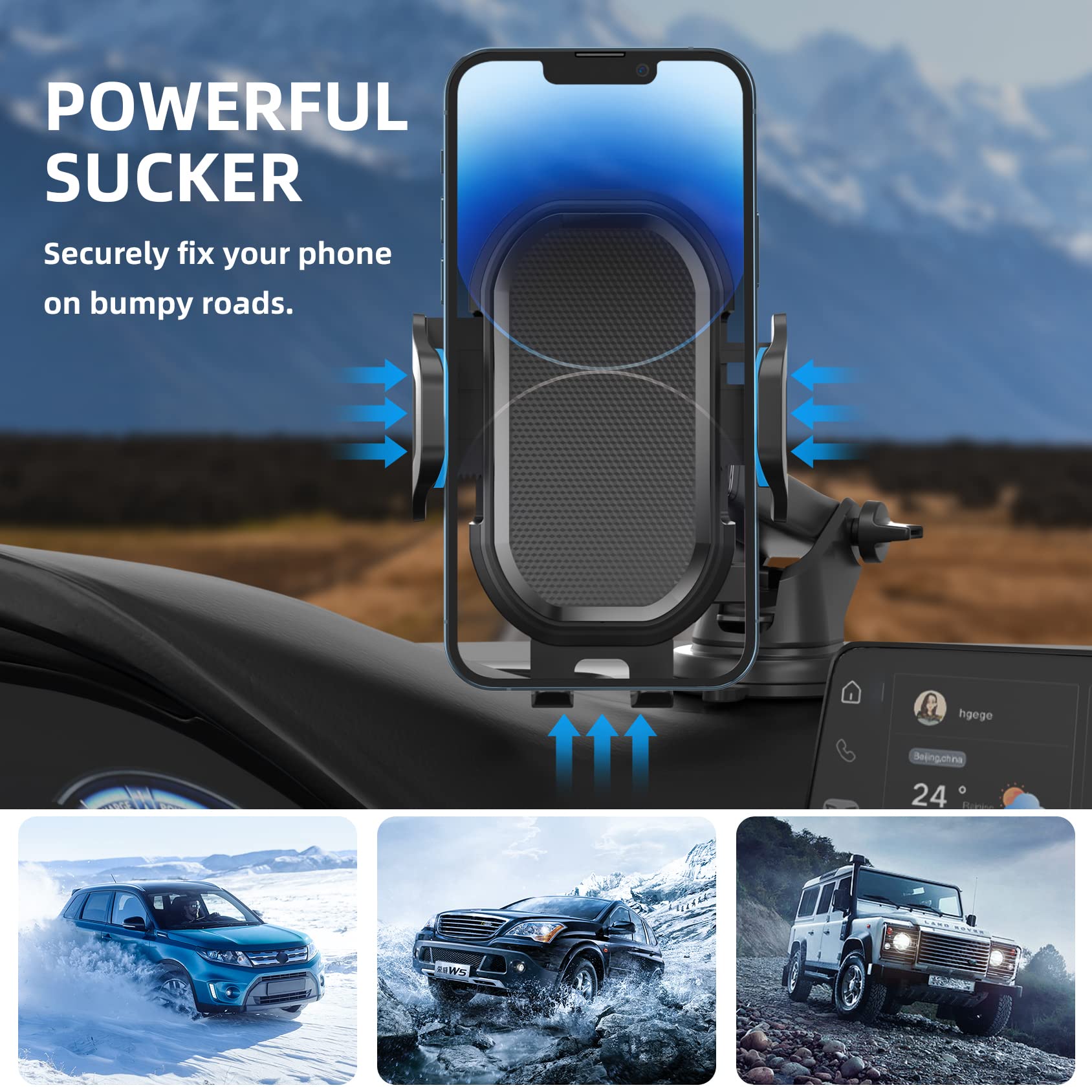 Phone Holder Mount for Car [ Off-Road Level & Stable Hook ] Windshield Dashboard Air Vent Universal Hands-Free Automobile Mounts Cell Phone Holder Fit for iPhone Smartphones