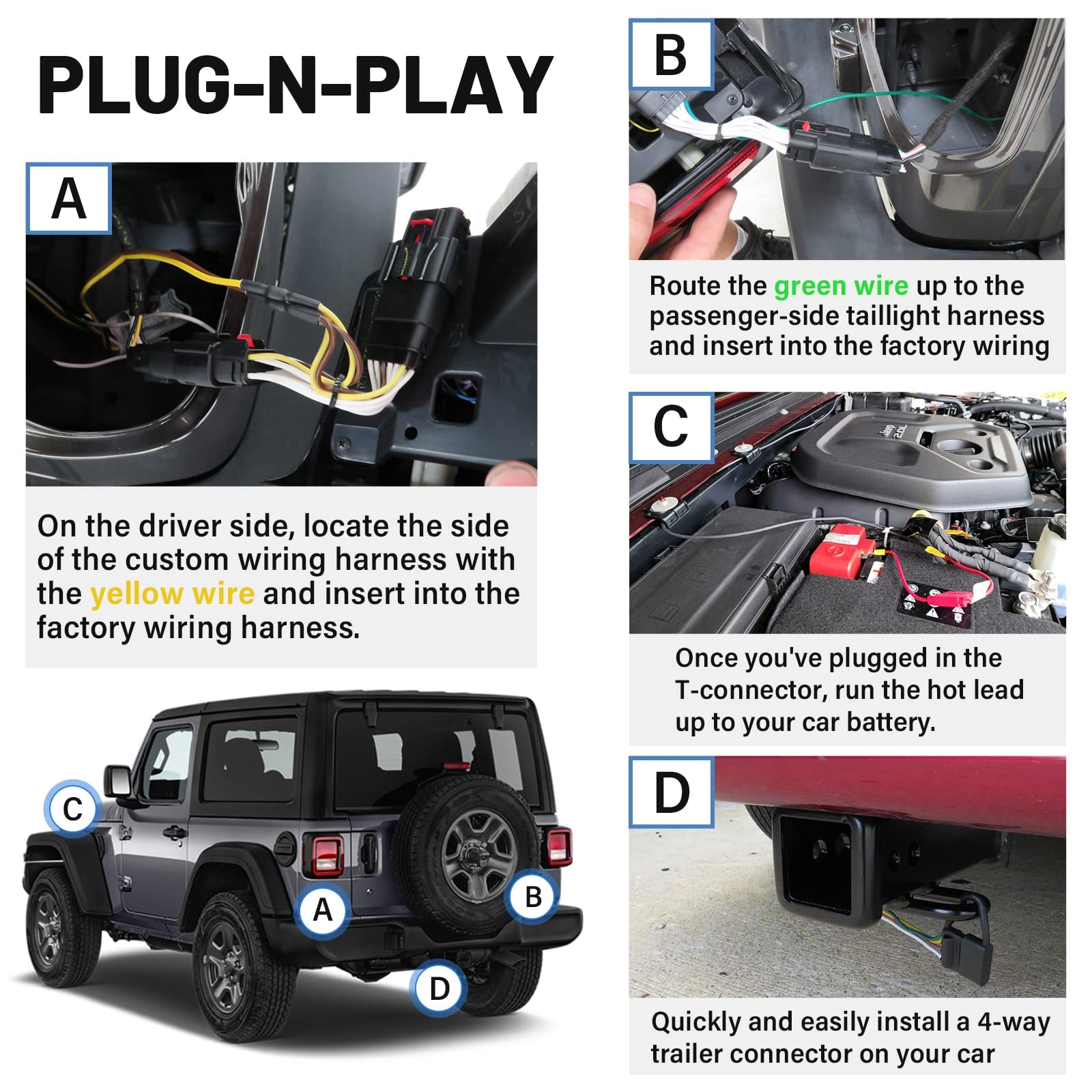 MECMO 56407 4-Pin Trailer Wiring Harness for 2018-2025 Jeep Wrangler JL/JLU, 2020-2025 Jeep Gladiator JT, 19-25 Wranglers Unlimited, Rubicon, Sahara, Sport, 4xe Towing Hitch Wire Trailer Light Plug