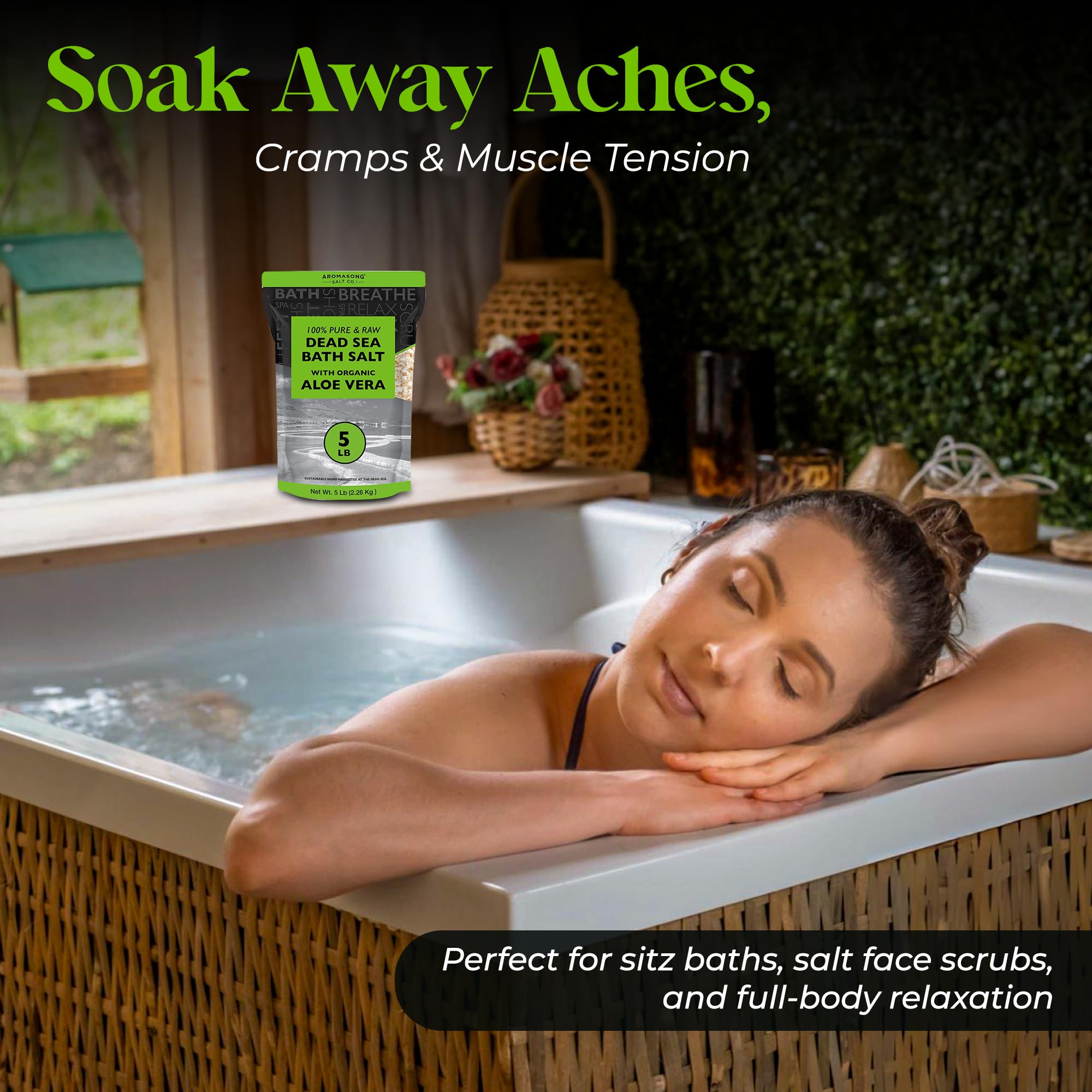 Aromasong 5 lbs Raw Dead Sea Salt with Organic Aloe Vera, not Cleaned, Still Contains All Dead sea Minerals Including Dead sea Mud, Fine Medium Grain Large resealable Bulk Pack (Packaging May Vary)