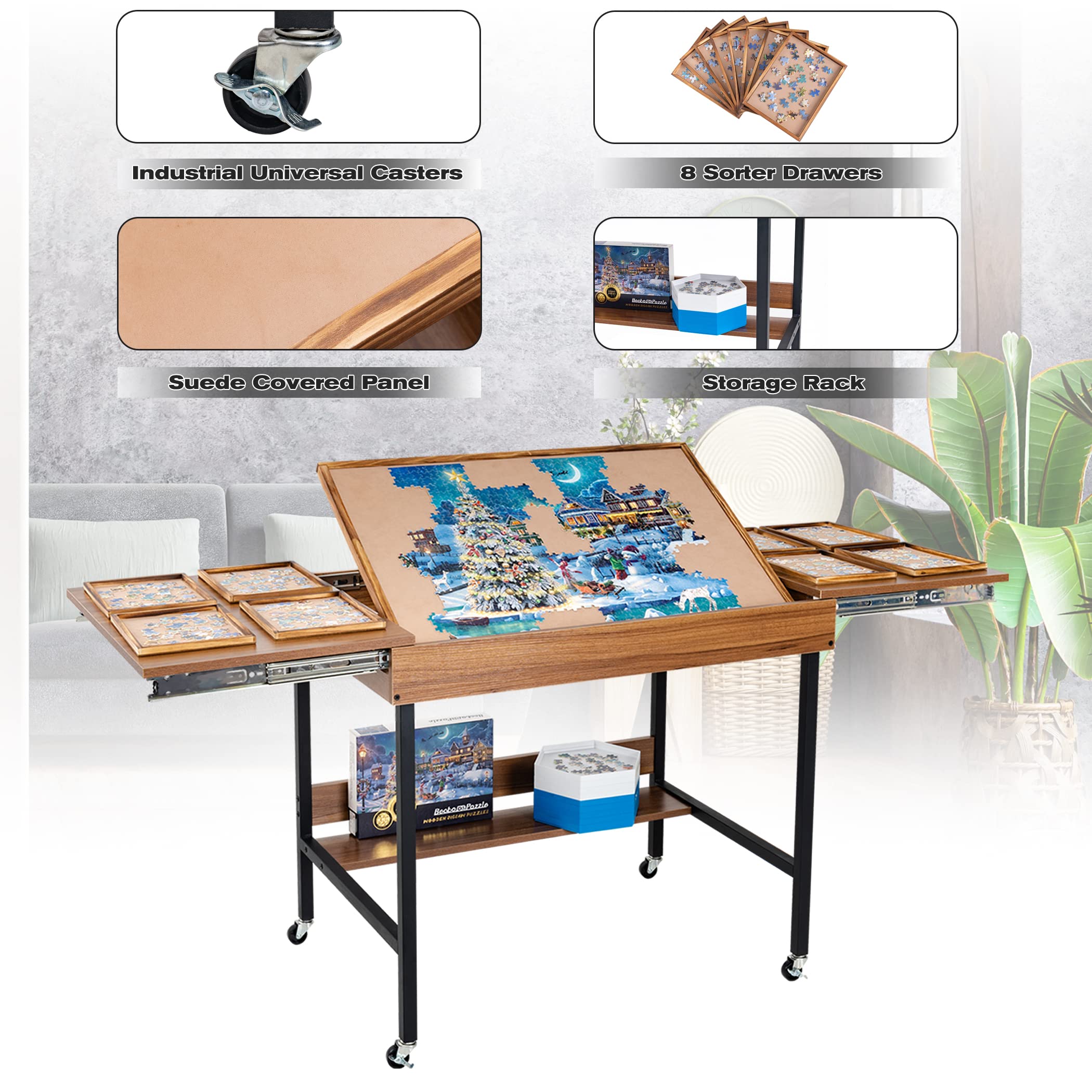 Becko US Foldaway Adjustable Puzzle Table With 8 Sorting Trays, Tilting Puzzle Board with Drawers, Universal Casters for Moves, Under Table Rack for Storage, 30*20.1 in for Puzzles Up to 1000 Pieces