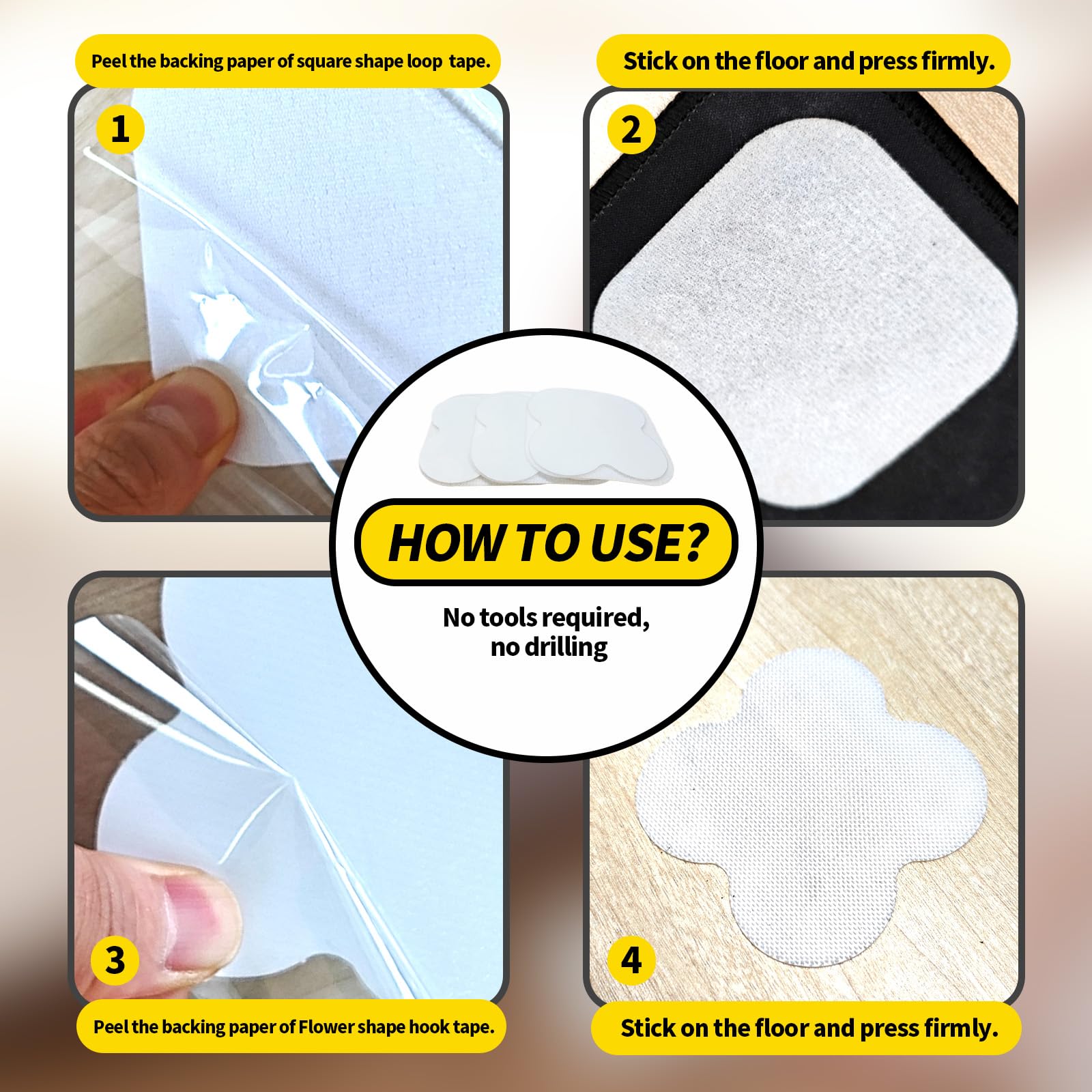 PHIXBEAR 16 Sets Super Adhesive Carpet Pad Gripper, Heavy Duty Hook and Loop Strips Rug Tape for Hardwood Floors Tile, Rug Corners to Hold Rug Down, Keep Area Rugs Safe and in Place