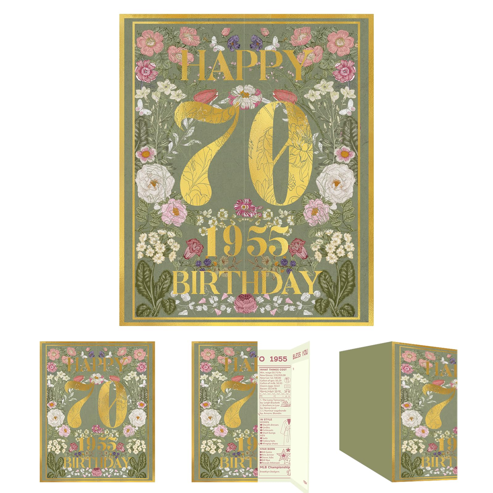 qiqee 2025 70th Birthday Greeting Card, 70 Years Old Birthday Gift Card,Memory Back In 1955（Envelope）