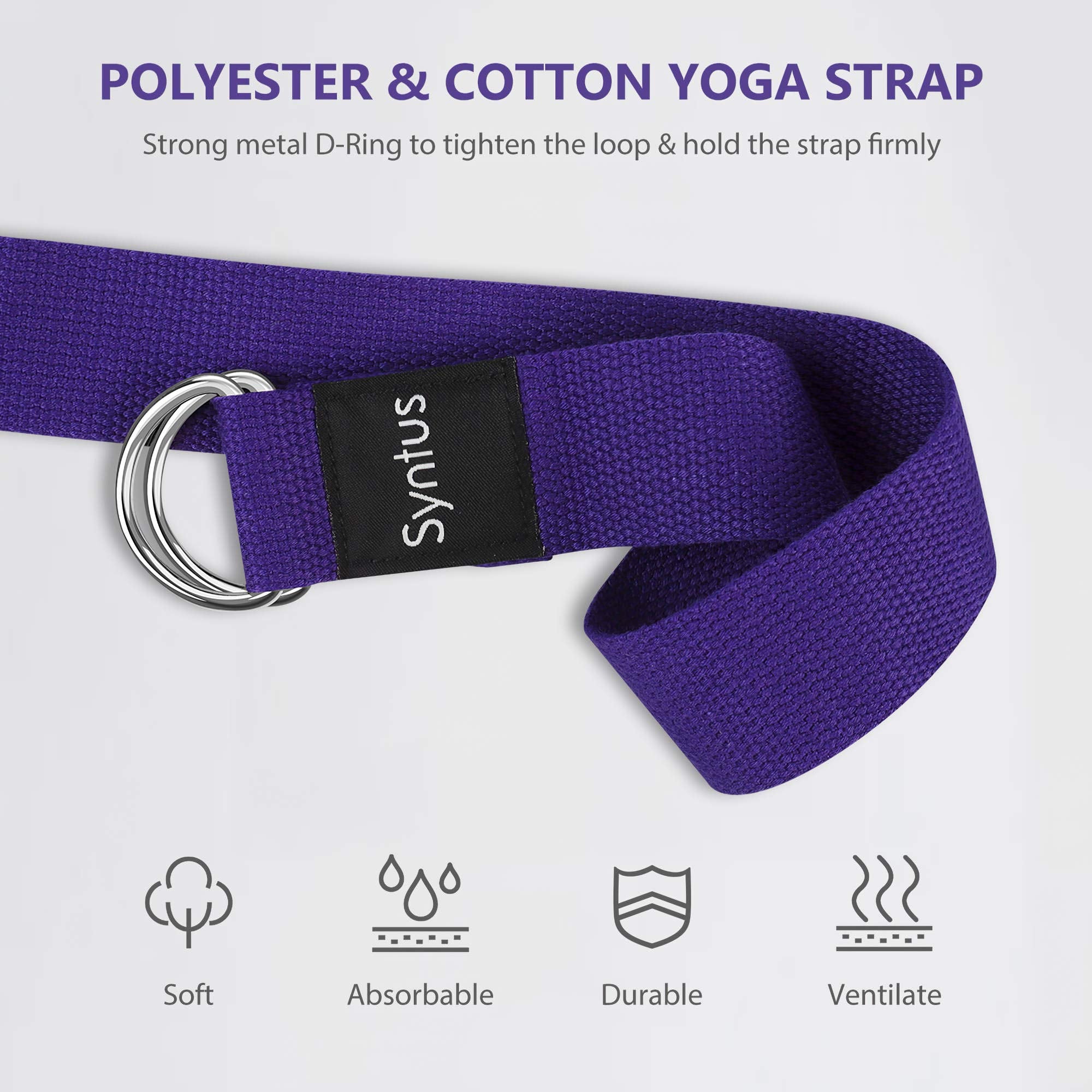 Syntus Yoga Block and Yoga Strap Set, 2 EVA Foam Soft Non-Slip Yoga Blocks 9×6×4 inches, 8FT Metal D-Ring Strap for Yoga, General Fitness, Pilates, Stretching and Toning, Purple