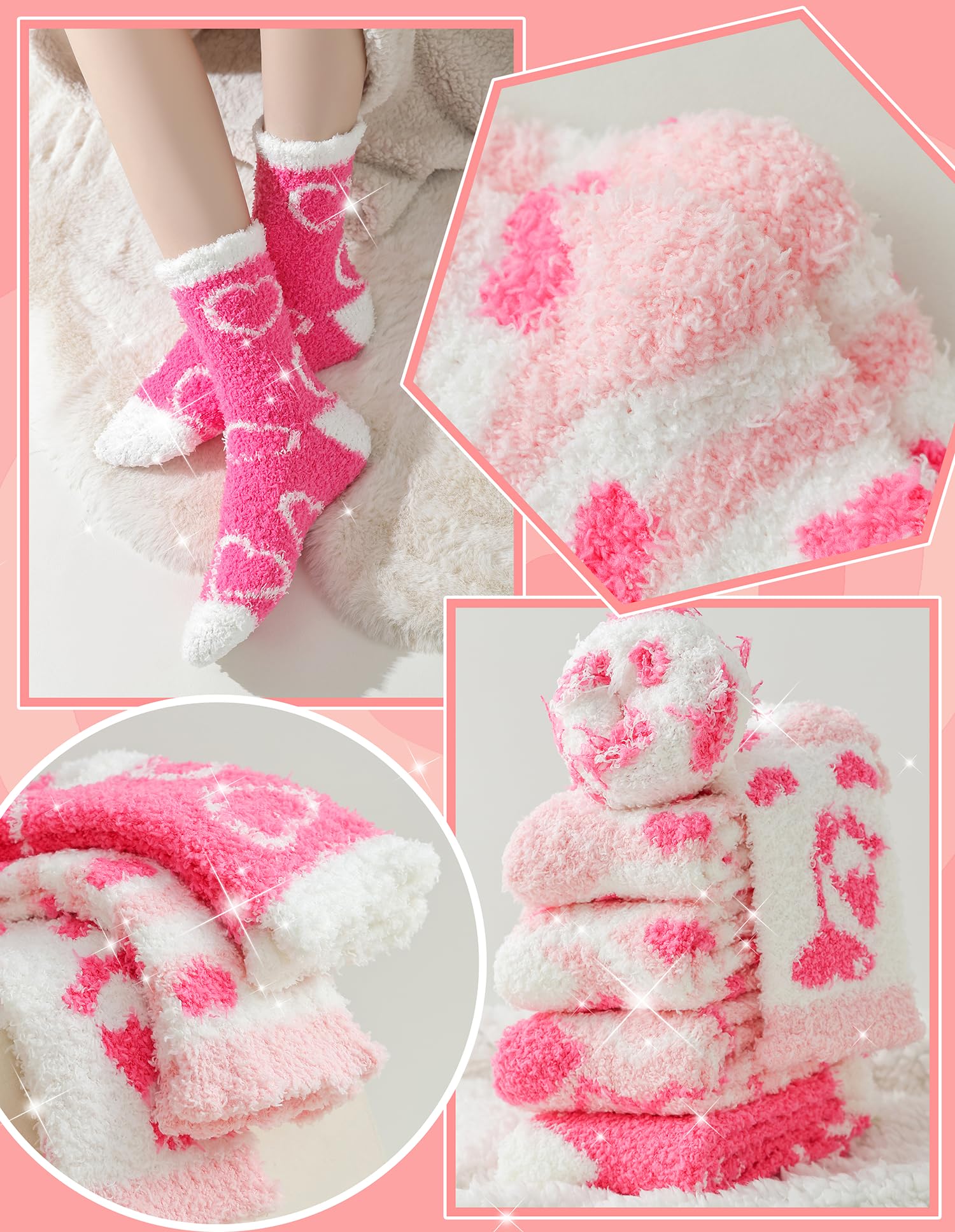 TEHOOK Valentines Gifts-Warm Fuzzy Cozy Fluffy Soft Socks-Pink Heart Valentines Socks-Valentines Day Gifts for Her Girlfriend Wife Women Girls-Valentines Basket Stuffers