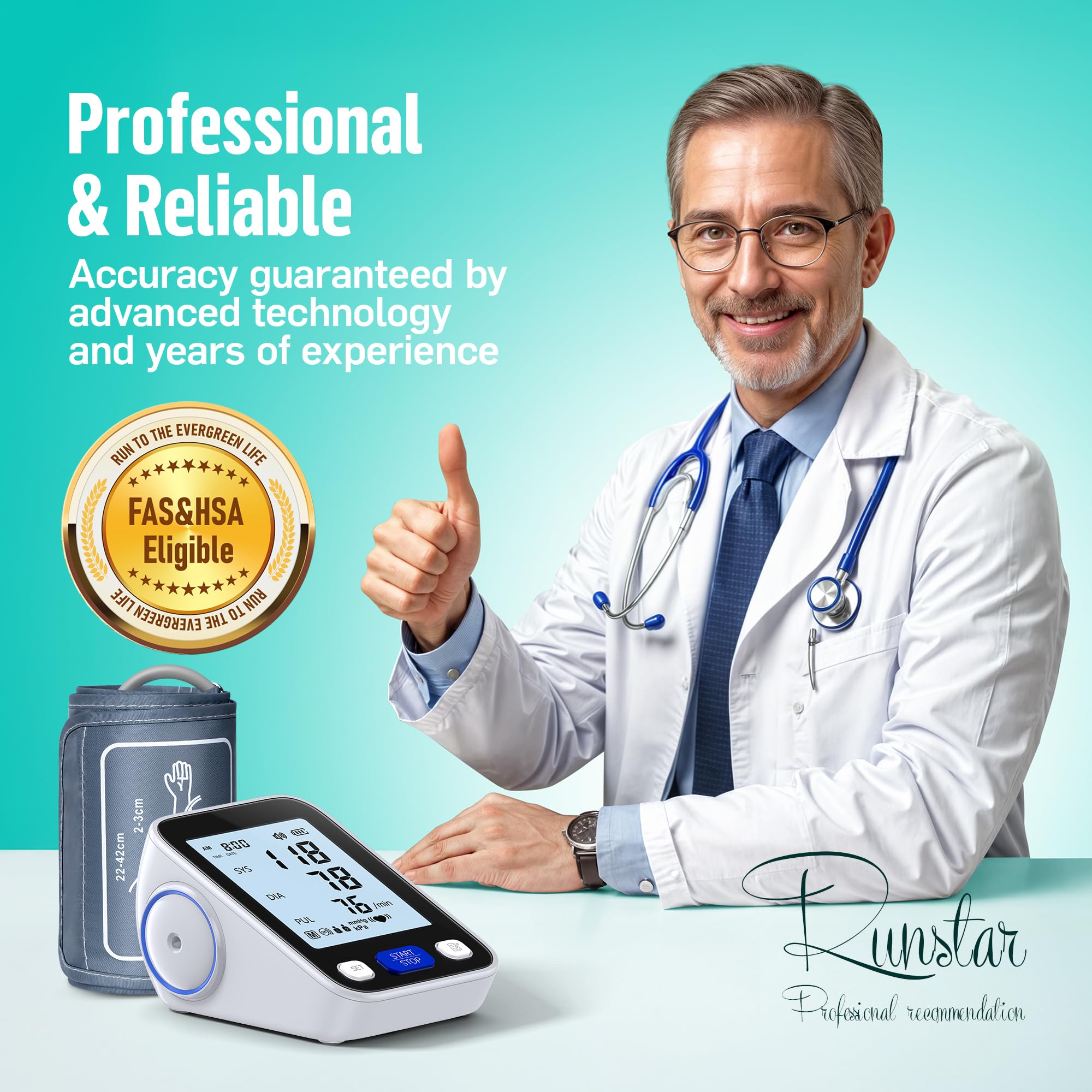 RunStar Upper Arm Blood Pressure Monitor with Wide Range Cuff (8.6'' -16.5'') for Home Use FSA&HSA Eligible, Automatic Digital BP Machine with Storage Bag, 2x99 Reading Memory