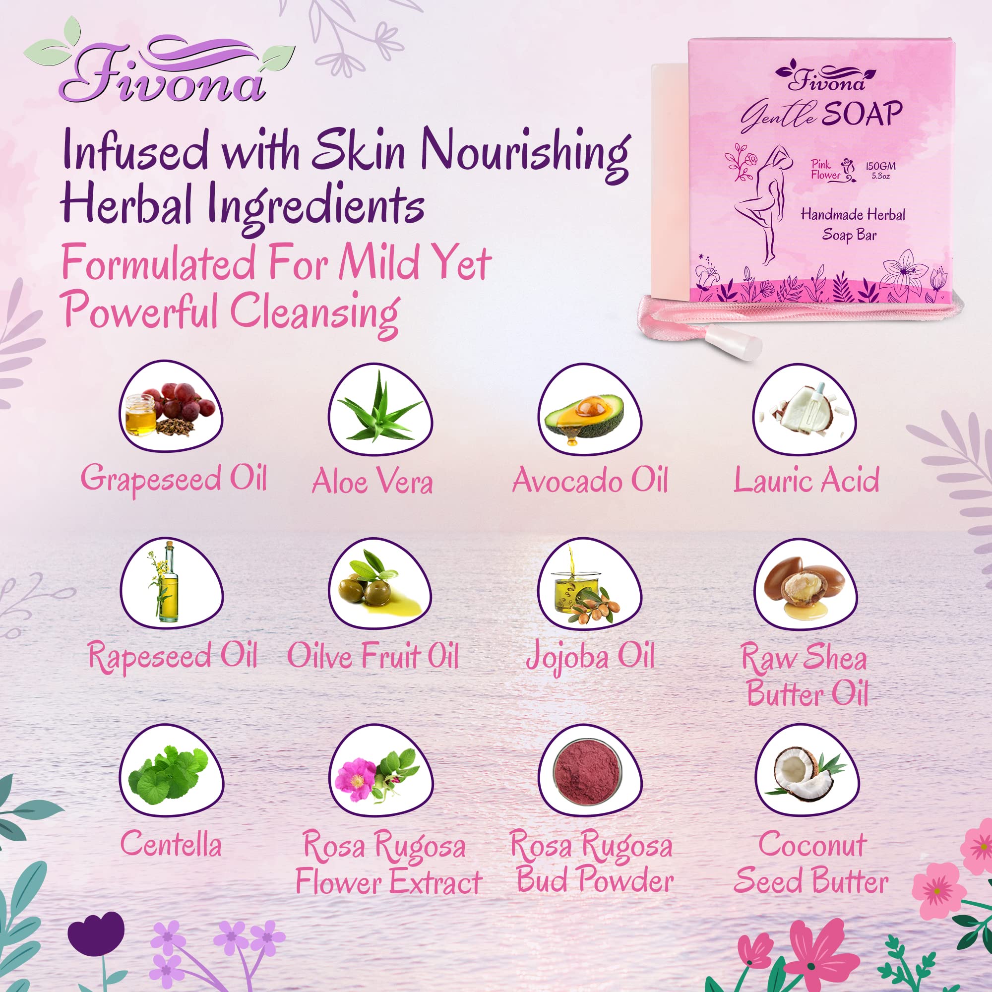 FIVONA Yoni Soap Herbal Bar 5.3oz for Gentle Feminine Intimate Wash and Whole Body All-Natural Handmade Includes Exfoliating Scrubber Foaming Net - Natural Detox and Vagi Cleansing