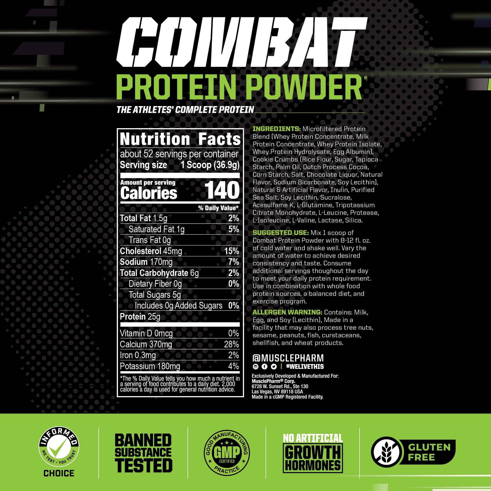 MusclePharm Combat Protein Powder, Cookies ‘N’ Cream Flavor, Fuels Muscles for Productive Workouts, 5 Protein Sources including Whey Protein Isolate & Egg Albumin, Gluten Free, 4 lb, 52 Servings