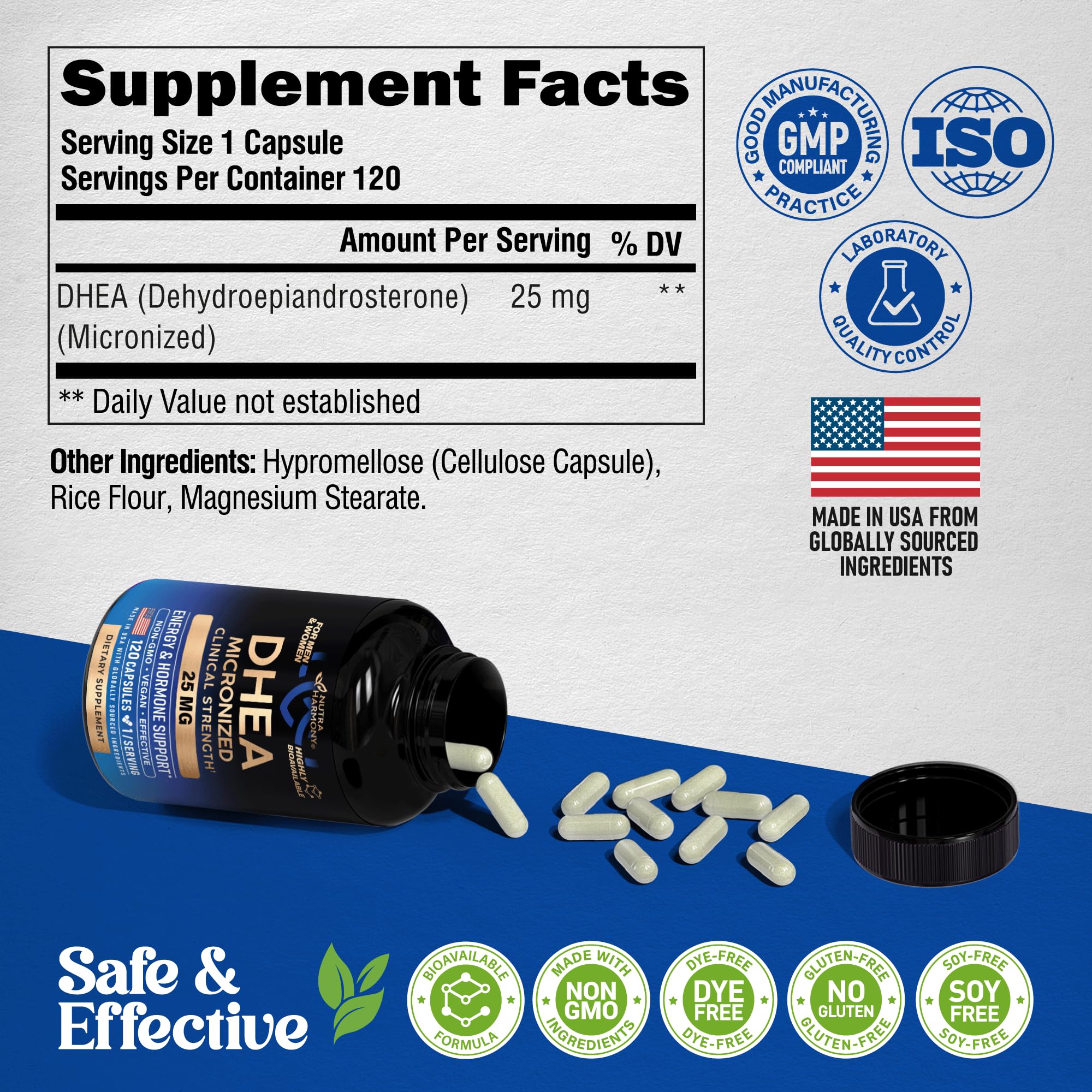 DHEA 25mg - Micronized DHEA Supplement for Women & Men - Clinically Proven Strength & Bioavailable - Healthy Aging, Hormone Balance & Energy Level Support - Vegan & NON-GMO - Made in USA, 120 Capsules