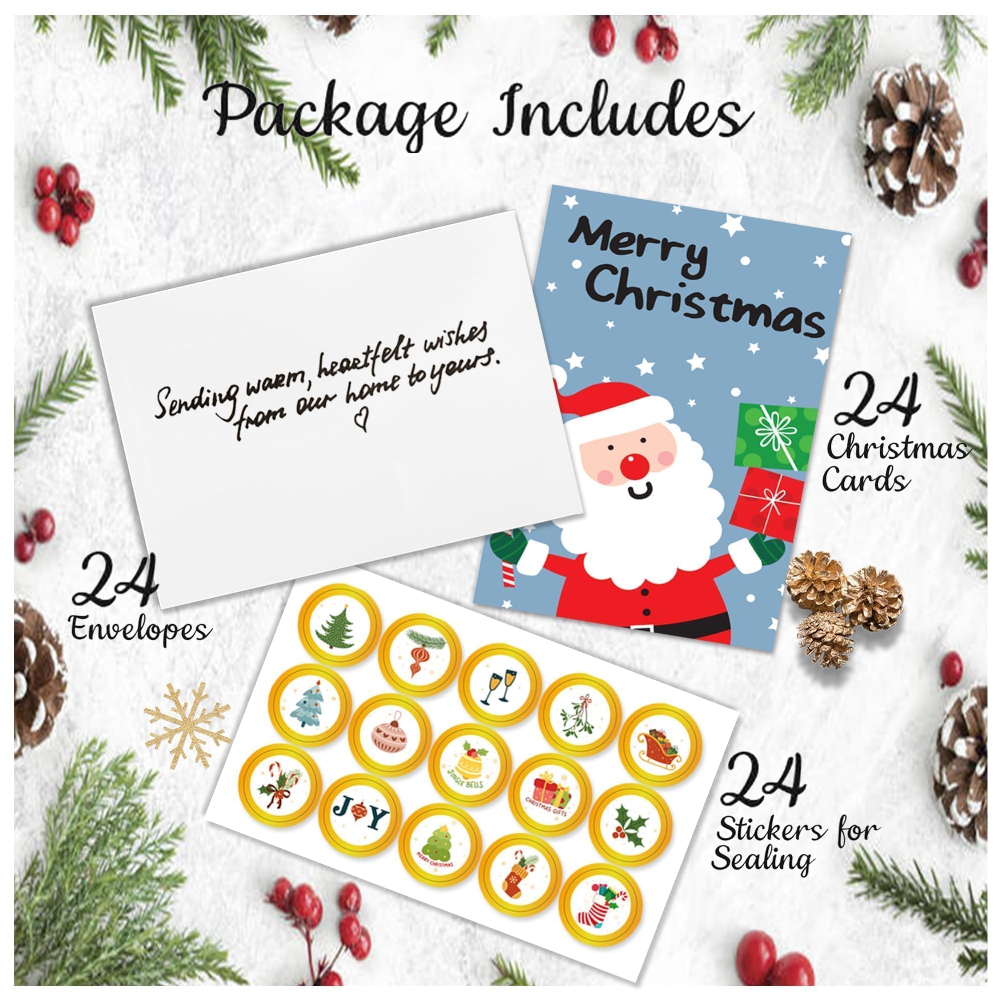 windrio 24 Pack Merry Christmas Cards Bulk with Envelopes & Stickers, Blank Holiday Greeting Cards, 6 Assorted Designs, Bulk Greeting and New Year's Cards Gnome, Snowman, Santa, and Bear