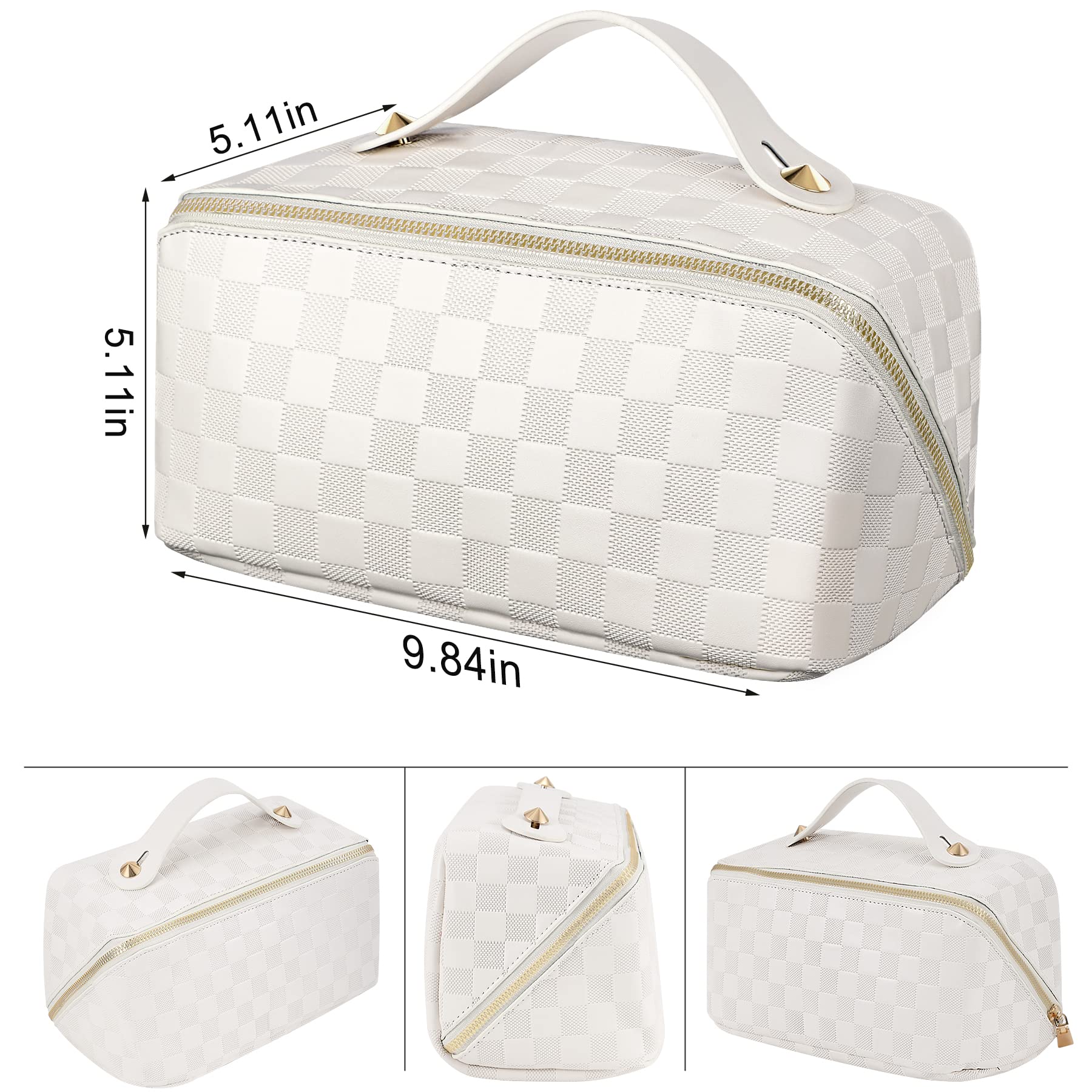 ALEXTINA Large Capacity Travel Cosmetic Bag - Travel Makeup Bags for Women Waterproof PU Leather Checkered Makeup Organizer Bag with Dividers and Handle,Toiletry Bag for Cosmetics, White