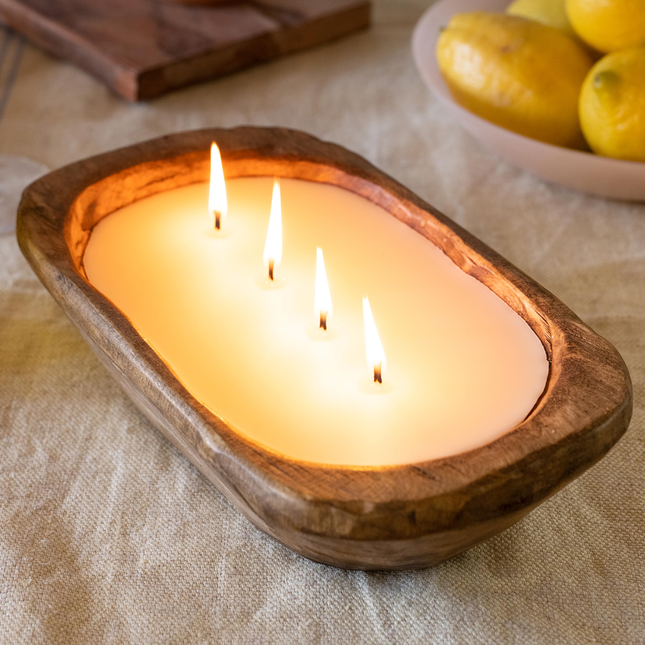 Wooden Dough Bowl Candle 10 Inch, Soy Candle, Farmhouse Candles for Table, Wood Boat 4 Wick, Décor, Unscented