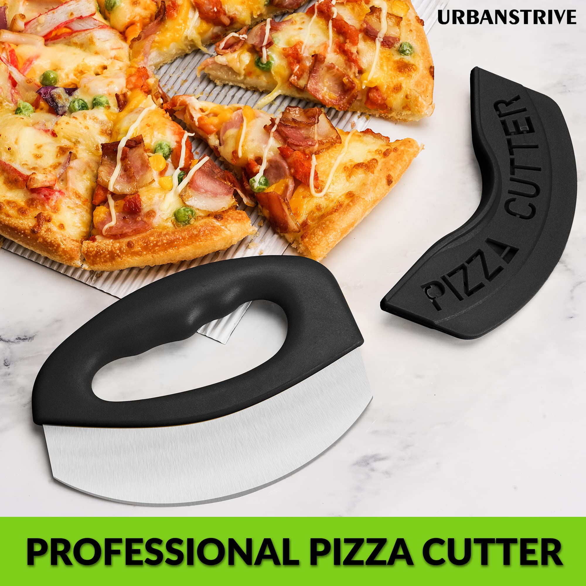 Urbanstrive Heavy Duty Stainless Steel Pizza Cutter with Cover, Super Sharp Blade Pizza Knife Pizza Cutter Rocker, Perfect Kitchen Gadgets for Pizza Cutting Home Essentials, Black