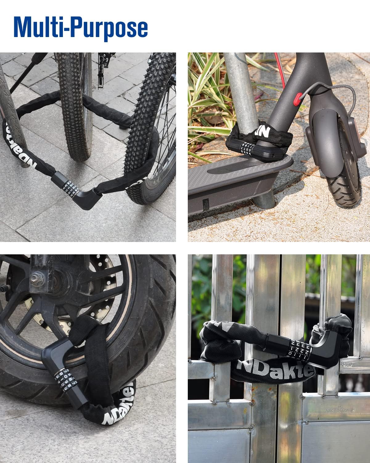 NDakter Bike Lock, Bike Chain Lock with 2 Ways to Unlock, 4 Digit Combination Heavy Duty Anti-Theft Bicycle Lock with 2 Keys, 4.28Ft High Security Scooter Locks for Ebike, Electric, Motorcycle, Door