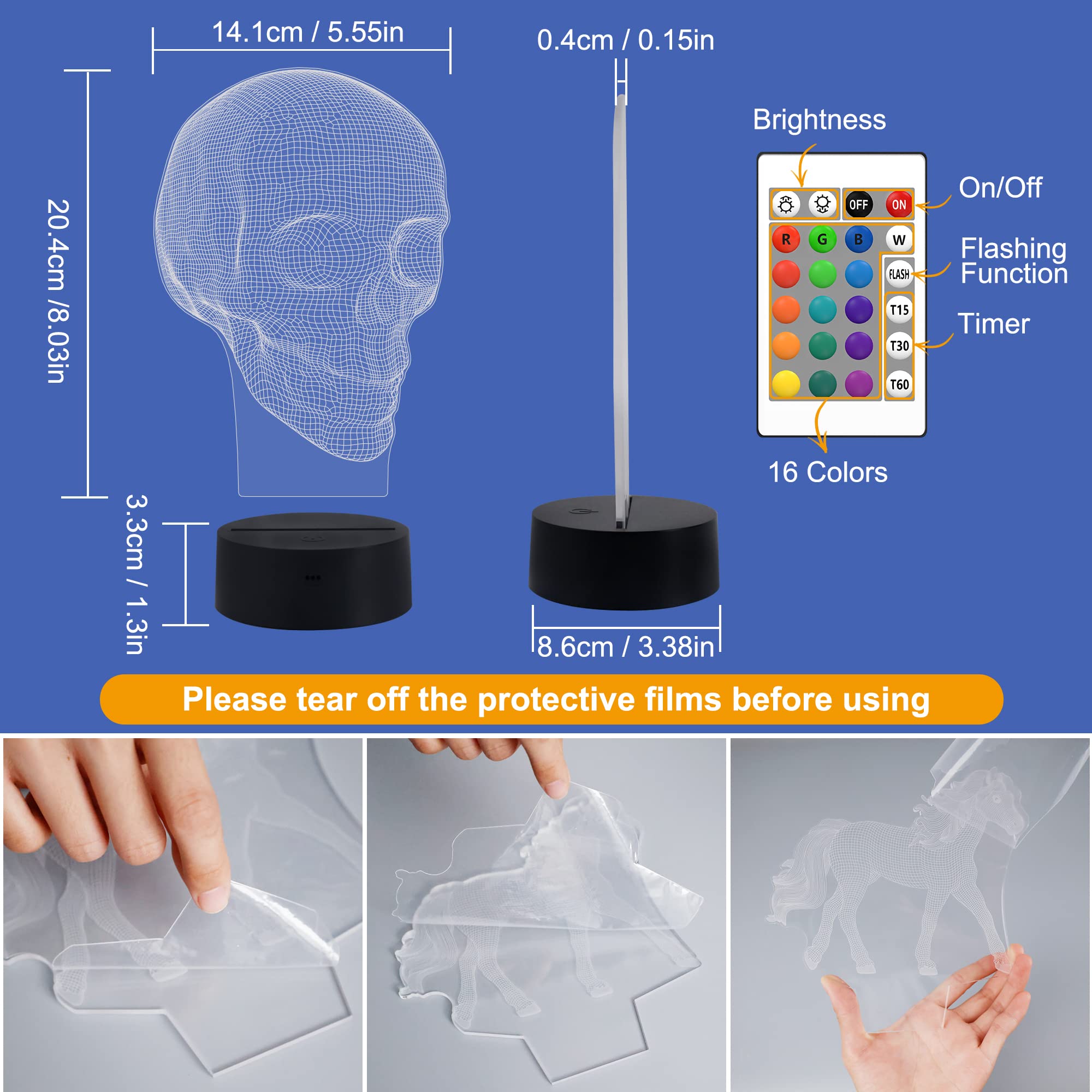 FULLOSUN Skull 3D Lamp Optical Illusion Night Light, Death Model Holiday Gift for Holloween Ghost Festival, Men Room Night Light with Remote Control 16 Colors Changing