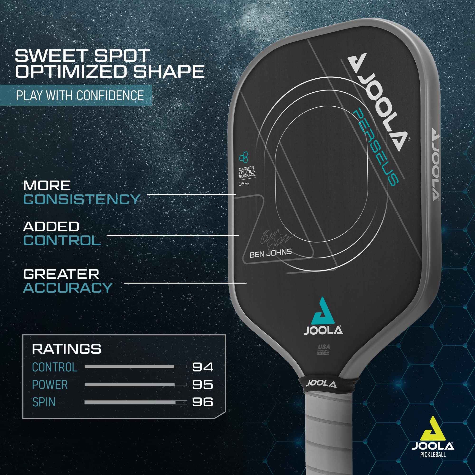 JOOLA Ben Johns Perseus Pickleball Paddle with 1 Replacement Grip - Charged Surface Technology for Increased Power & Feel - Fully Encased Carbon Fiber Pickleball Paddle with Larger Sweet Spot