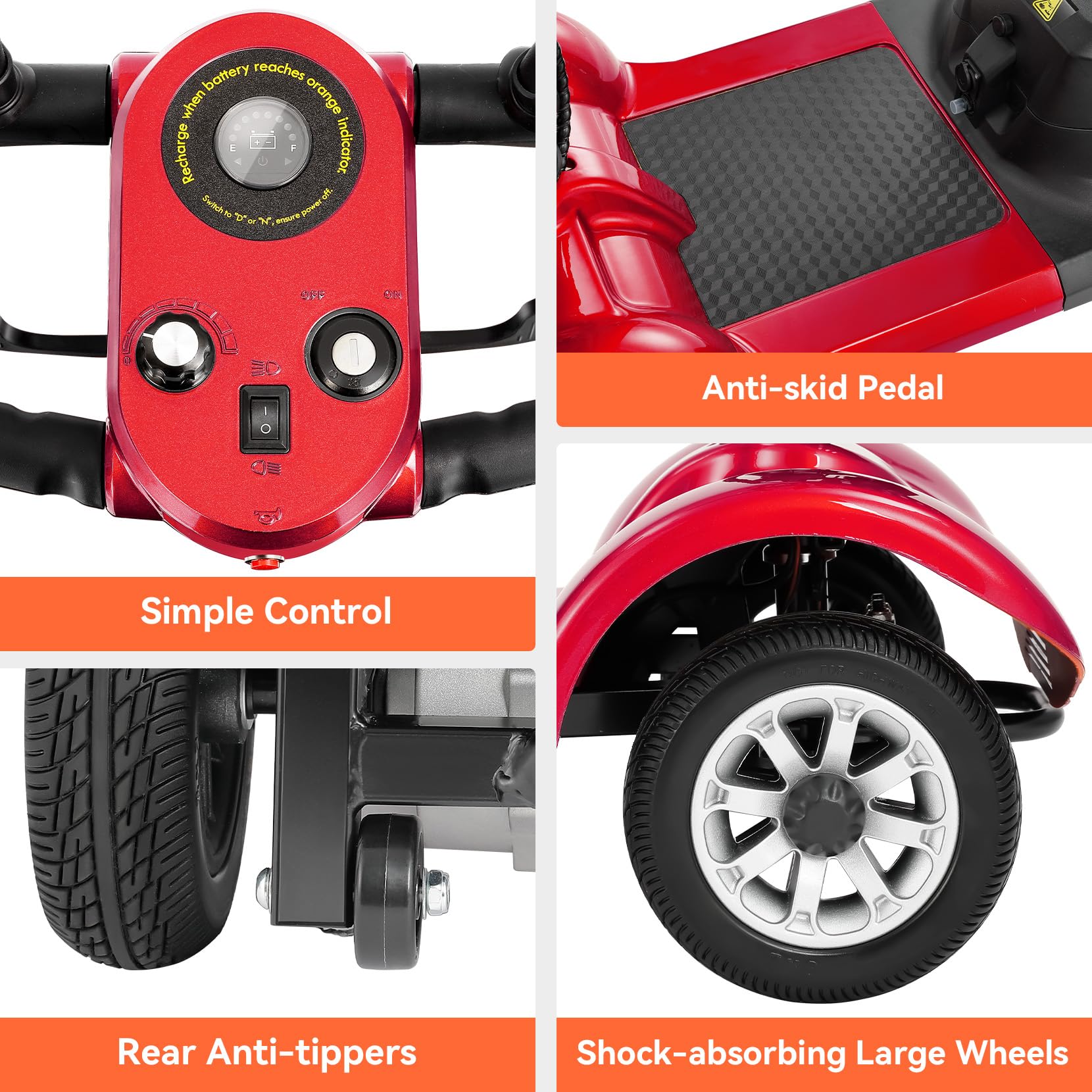 WheelWavi Powered Mobility Scooters, 15miles 4-Wheel Foldable Electric Scooter for Seniors & Adults – Heavy Duty Travel Model with Long-Lasting Battery, Front Basket, and LED Lights (Red)