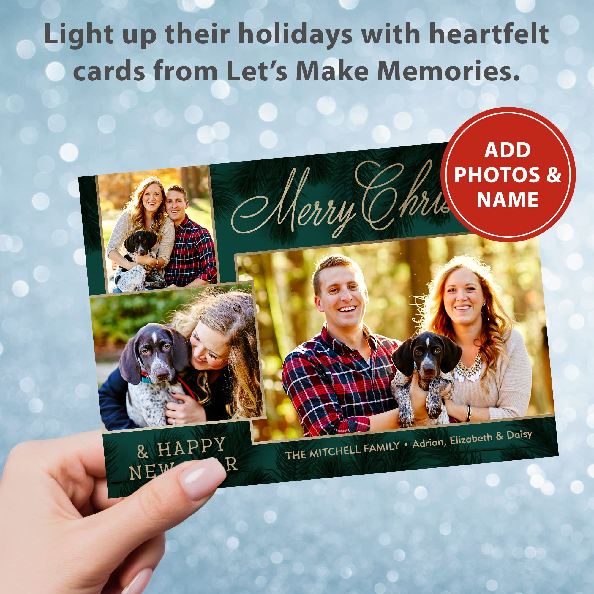 Let's Make Memories Personalized Photo Christmas Cards with Envelopes - Premium Quality - 5x7-2024 Holiday Cards & White Envelopes - Gilded Pine Trio - 15 ct