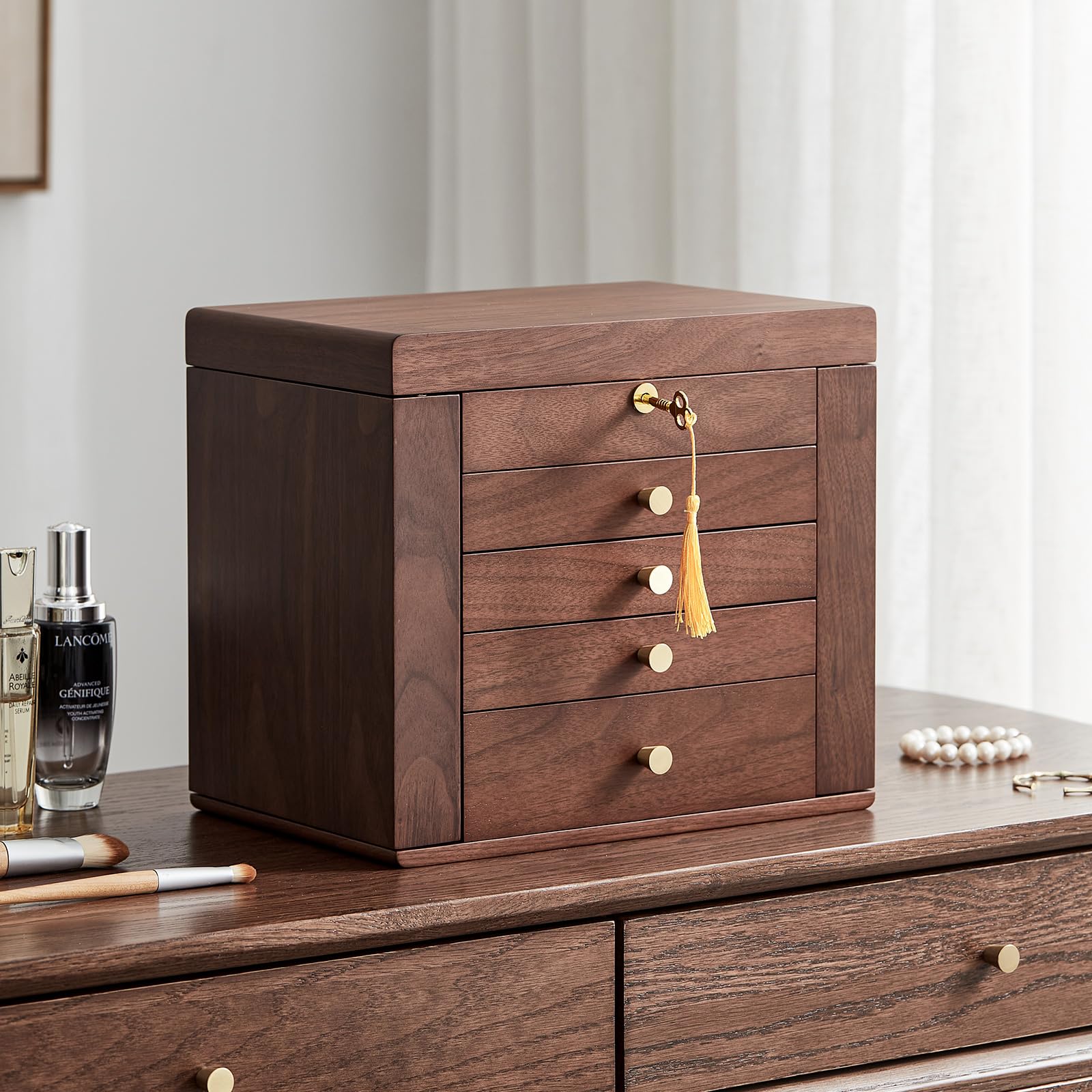 Homruilink Black Walnut Jewelry Box, 5-Layer Solid Wood Jewelry Organizer with 2 Side Doors Mirror Lockable Classical Style for Watch Necklace Ring Earring Mother’s Day Gifts