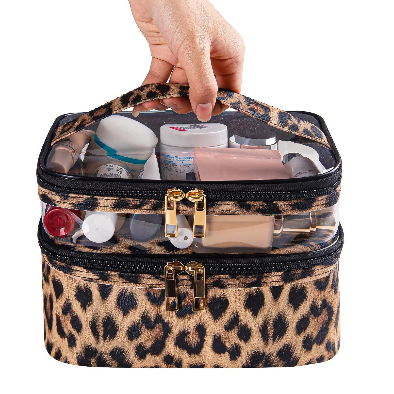 imerelez Double-layer Cosmetic Bag Makeup Bag Travel Makeup Bag Makeup Bags for Women Cosmetics Cases Portable Waterproof Foldable (Leopard)