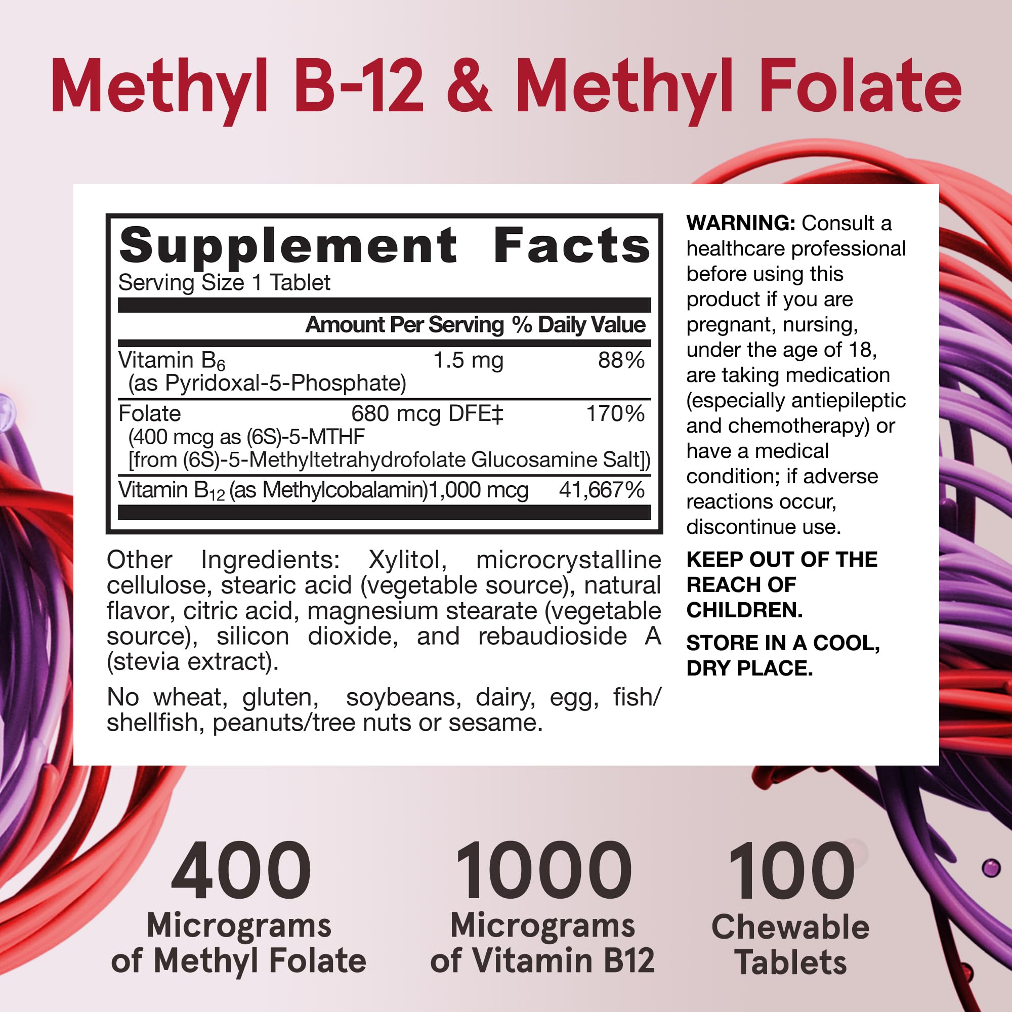 Jarrow Formulas Extra Strength Methyl B-12 1000 mcg & Methyl Folate 400 mcg + P-5-P, Dietary Supplement for Cellular Energy Metabolism and Cardiovascular Support, 100 Chewable Tablets, 100 Day Supply